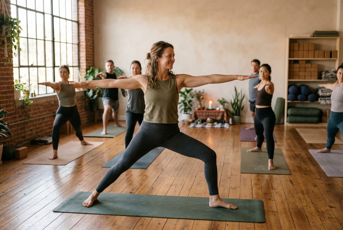 Yoga studio business owner in her yoga studio teaching a yoga class