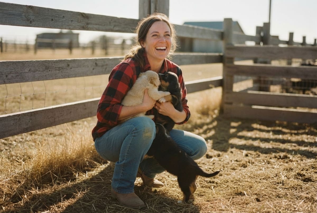 Dog breeder laughing while holding two puppies beside a fence on a sunny farm