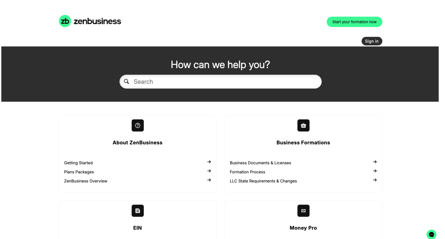 ZenBusiness help center home page