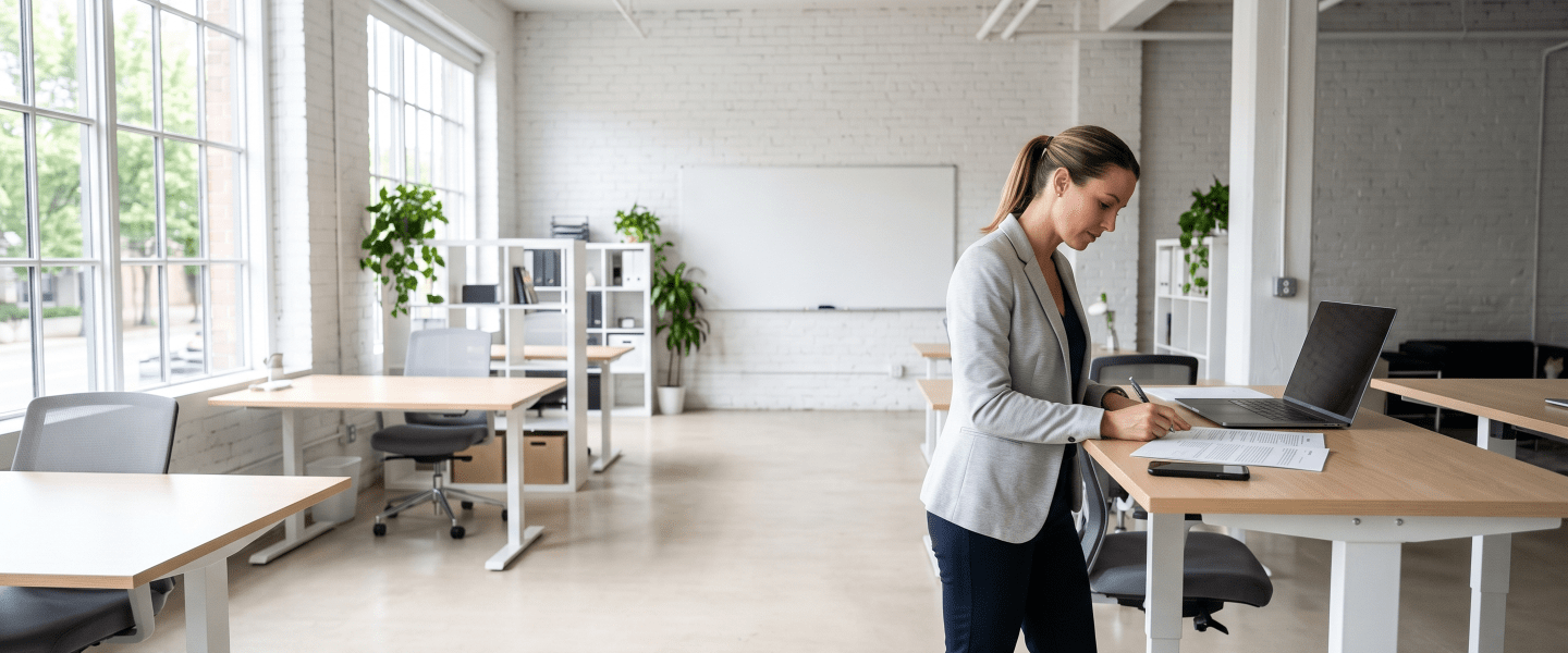 Business owner reviewing articles of incorporation in a coworking space.