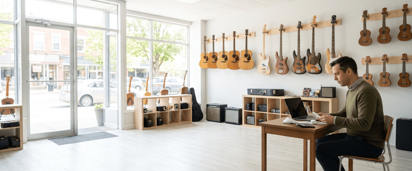 Guitar shop owner doing small business bookkeeping.