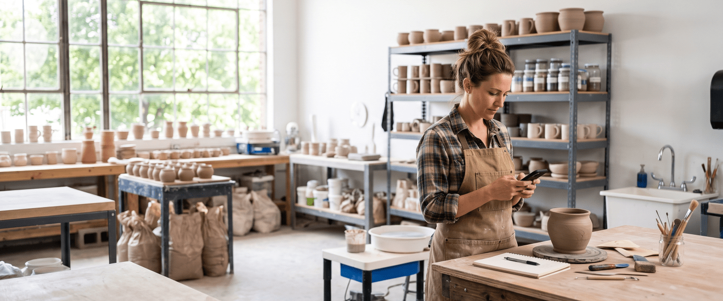 Pottery studio owner reviewing business license costs.