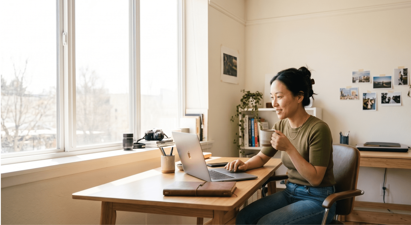 Small business owner using Worry-Free Compliance Service while working on laptop with coffee at sunny home office desk