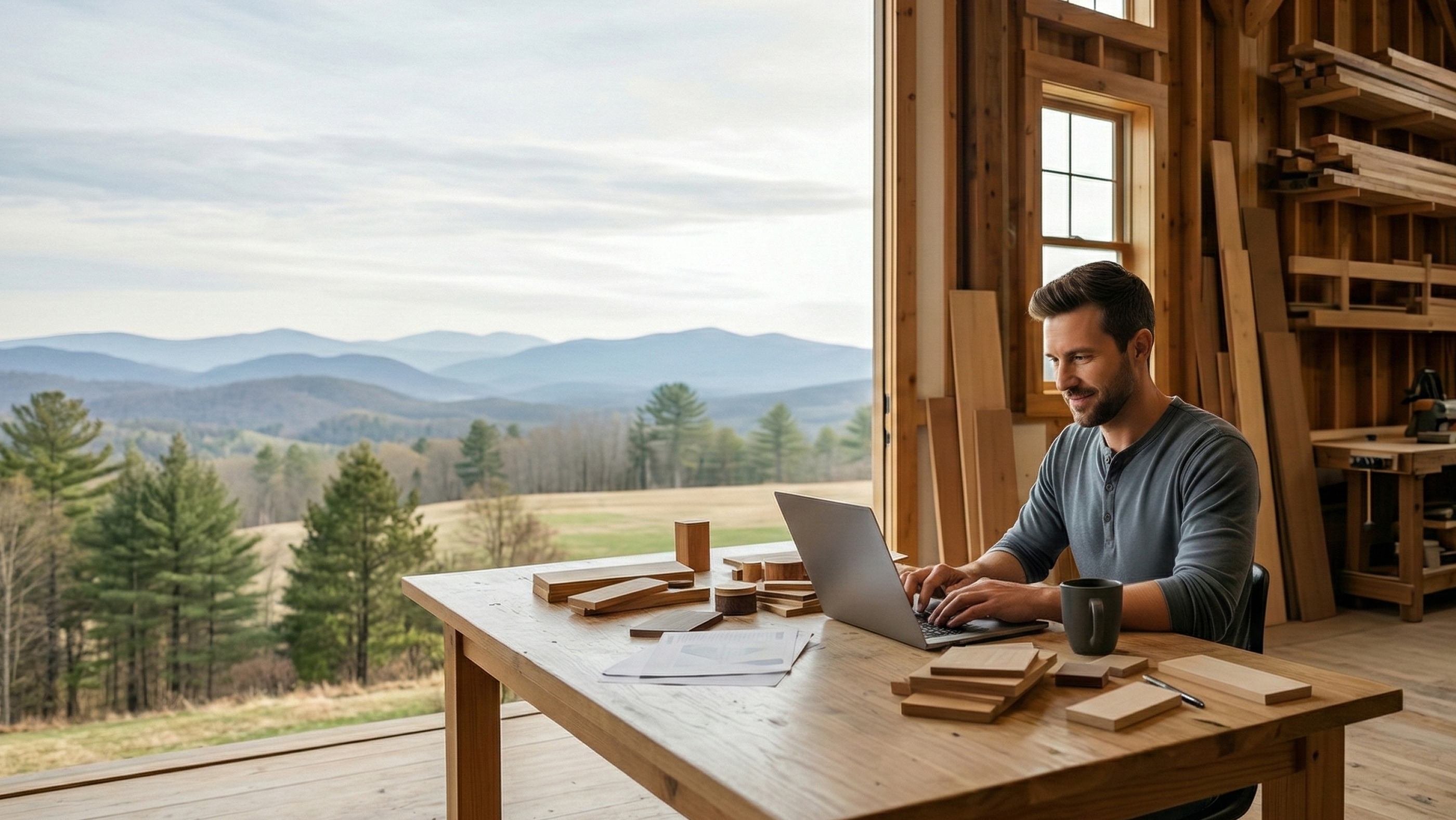 small business owner working on his laptop in a wood workshop overlooking North Carolina mountains