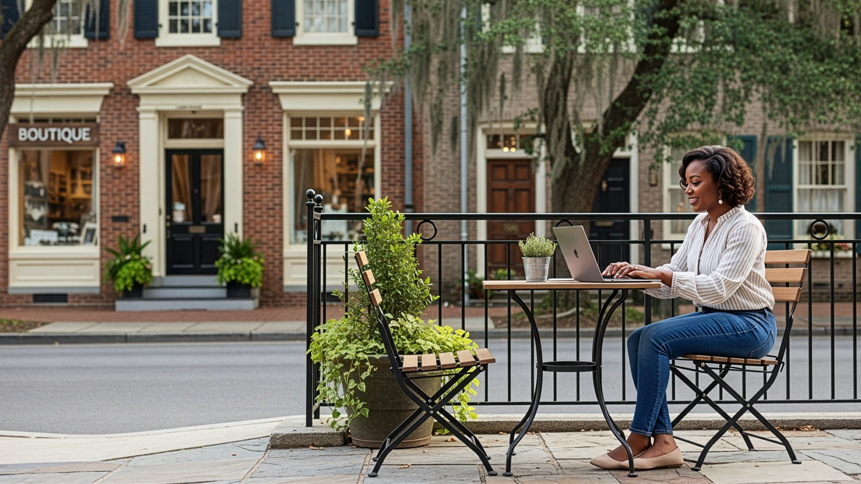 female entrepreneur at a outside table in Georgia on laptop forming an llc
