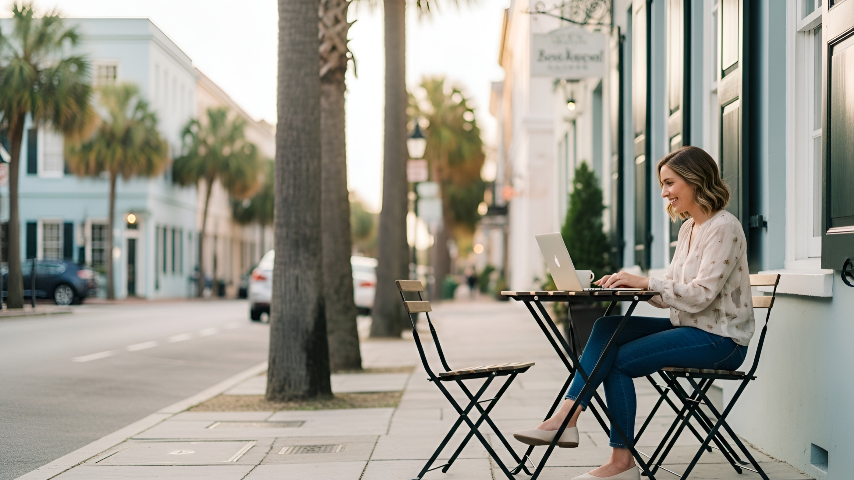 female entrepreneur at a picnic table in South Carolina on laptop forming an llc