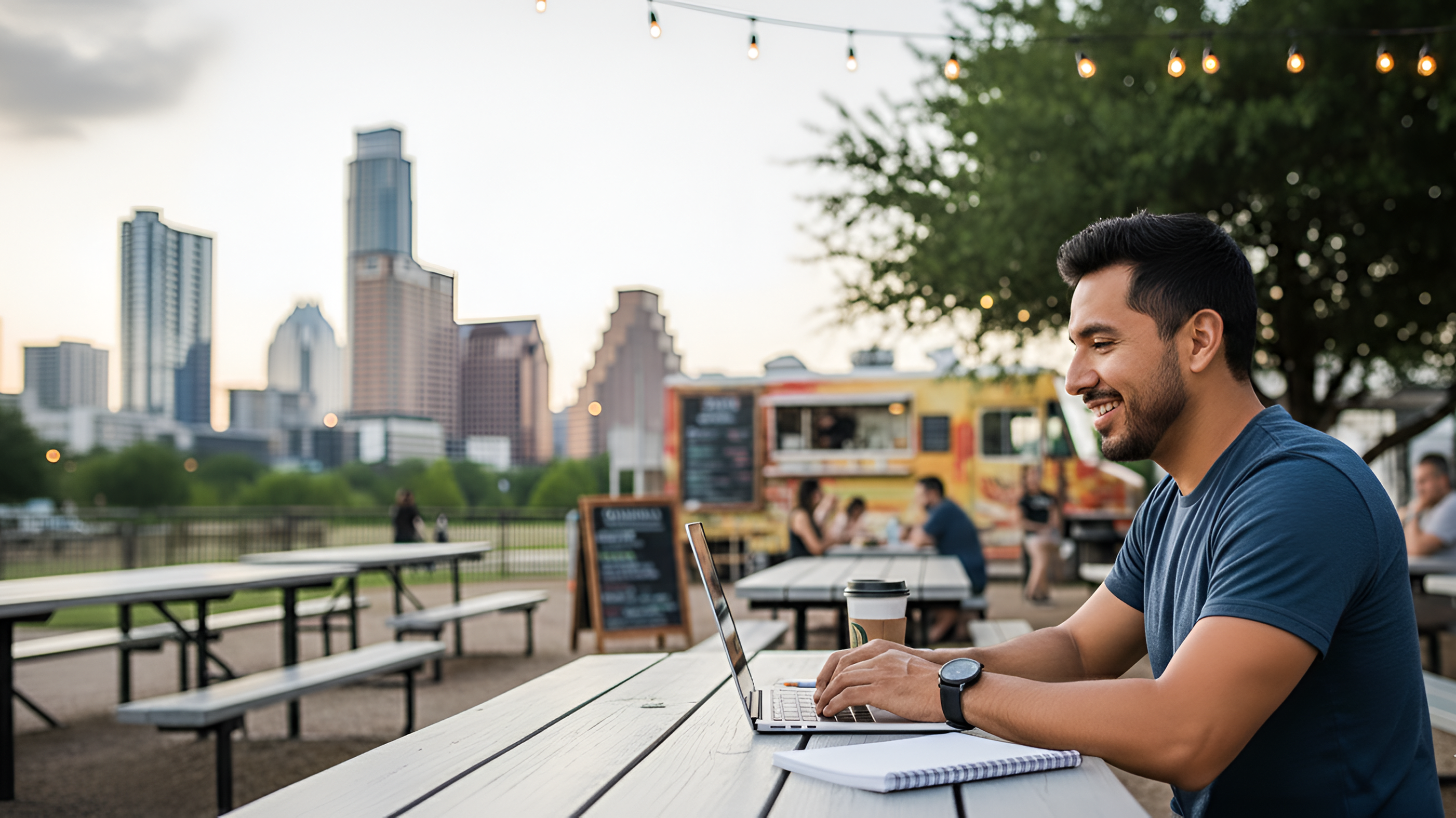 male entrepreneur at a picnic table in Texas on laptop forming an llc