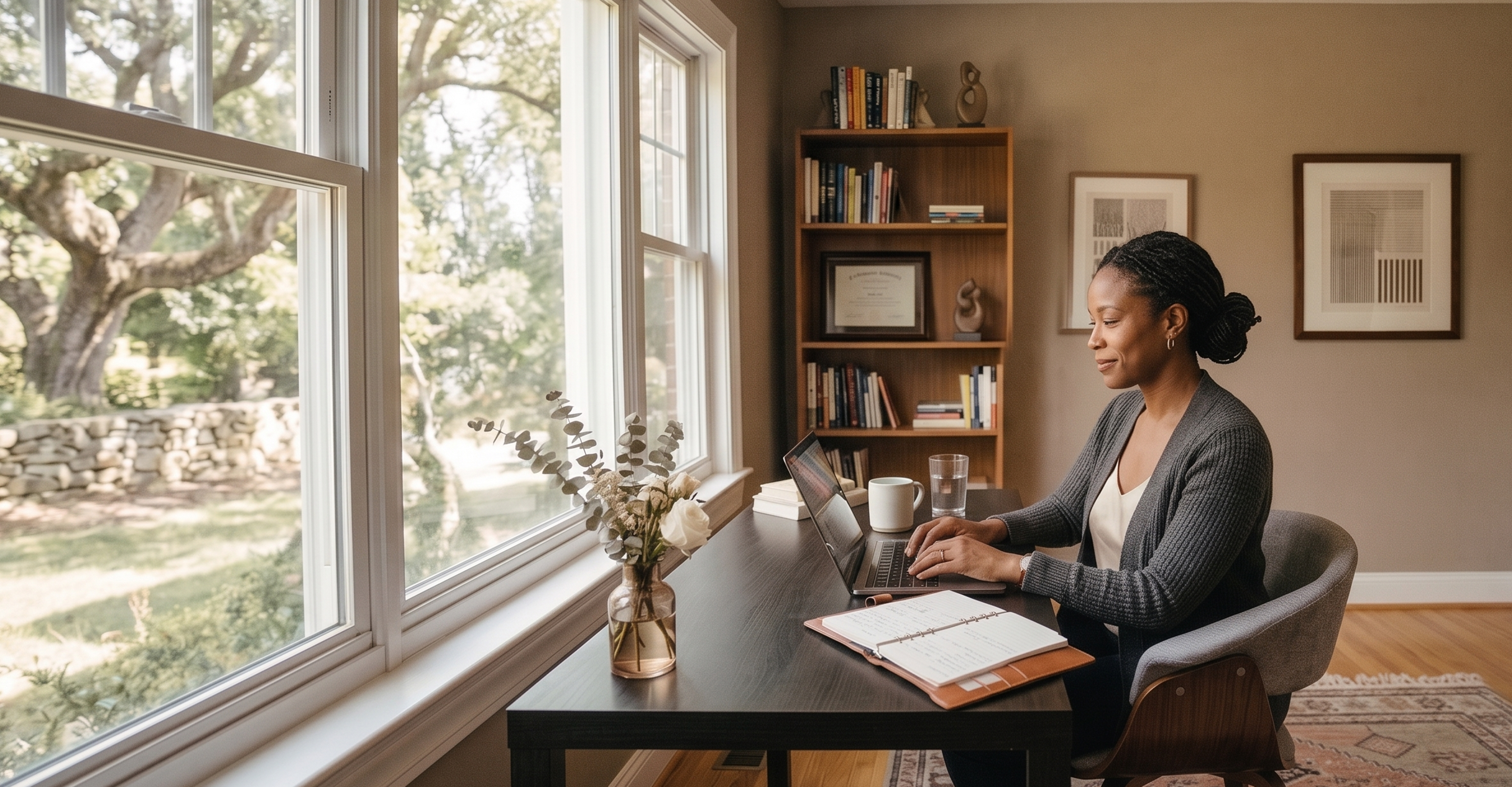 Professional small business owner using LLC formation service on laptop at home office desk with bookshelf and natural window light