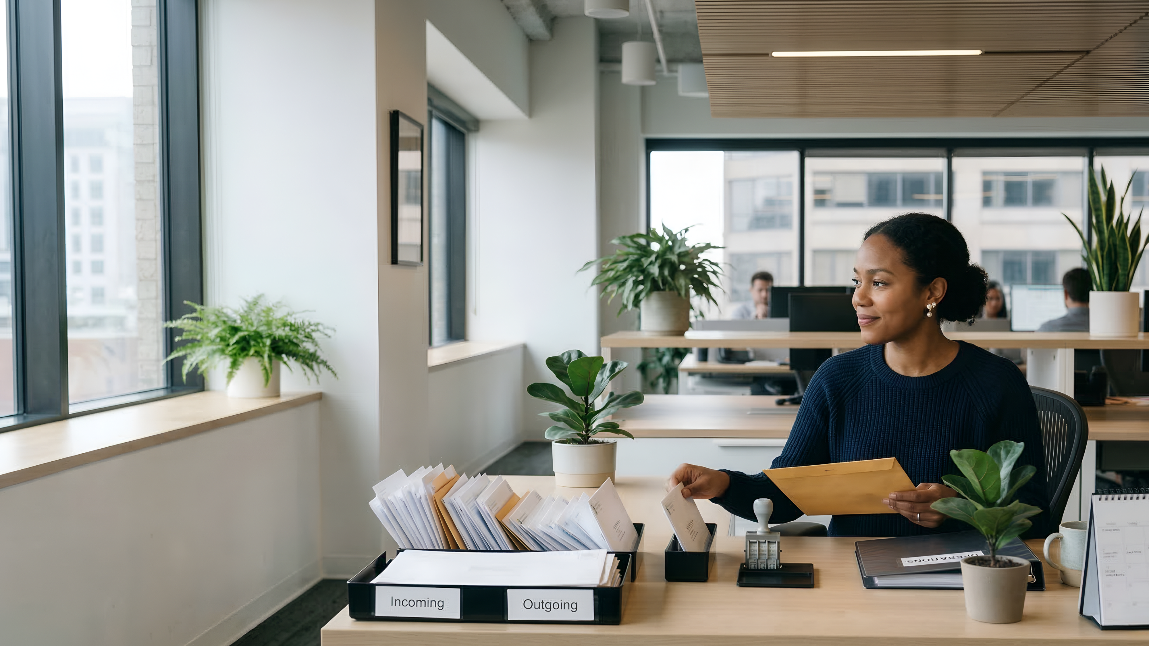 Registered agent staff sorting legal documents and service of process mail in a secure office setting