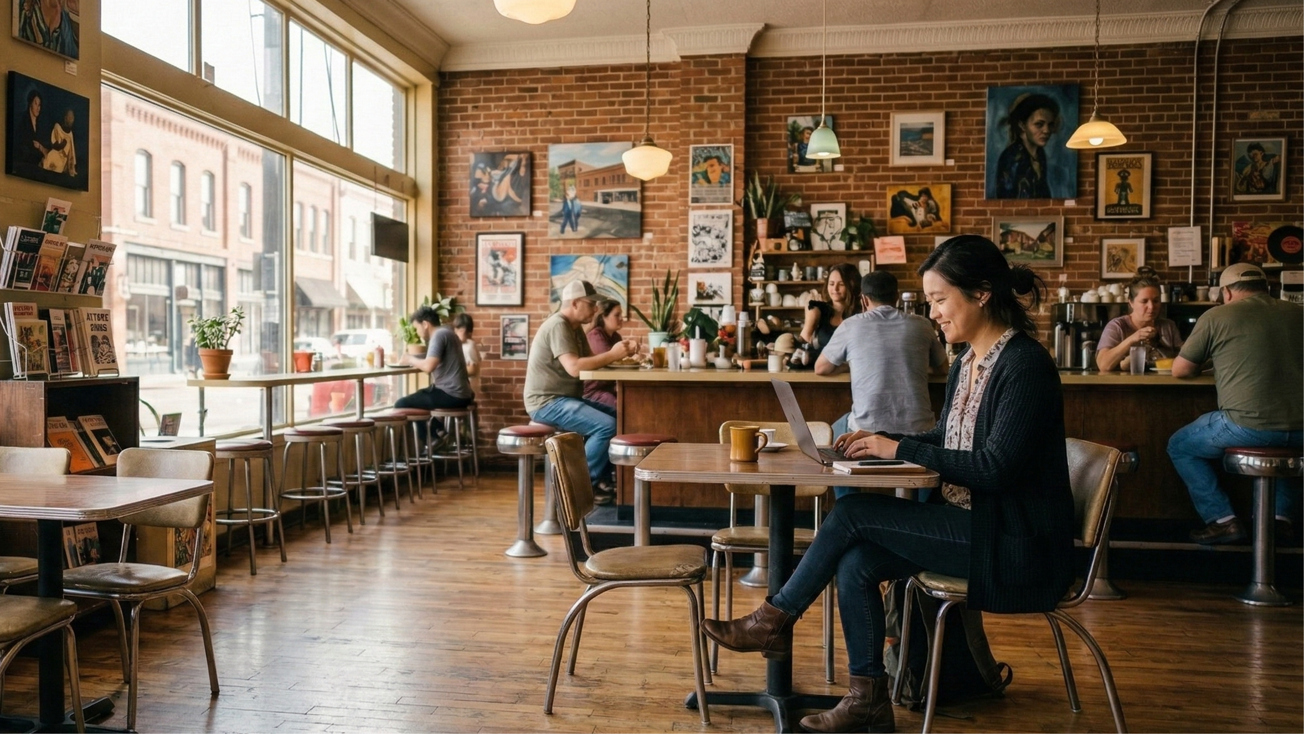 Woman starting an LLC in AK, working remotely at café