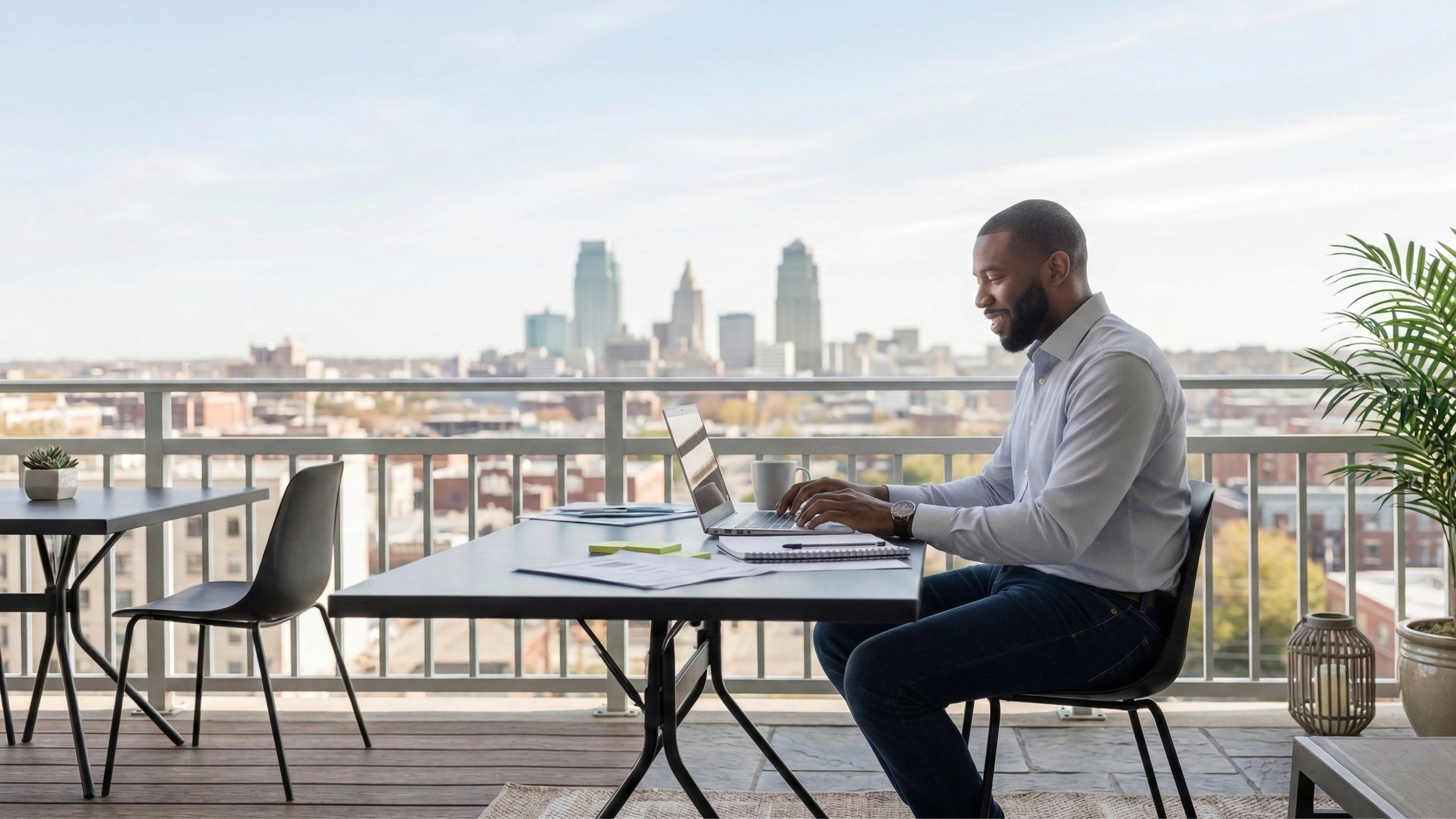 men setting up an LLC outside with city views in kansas