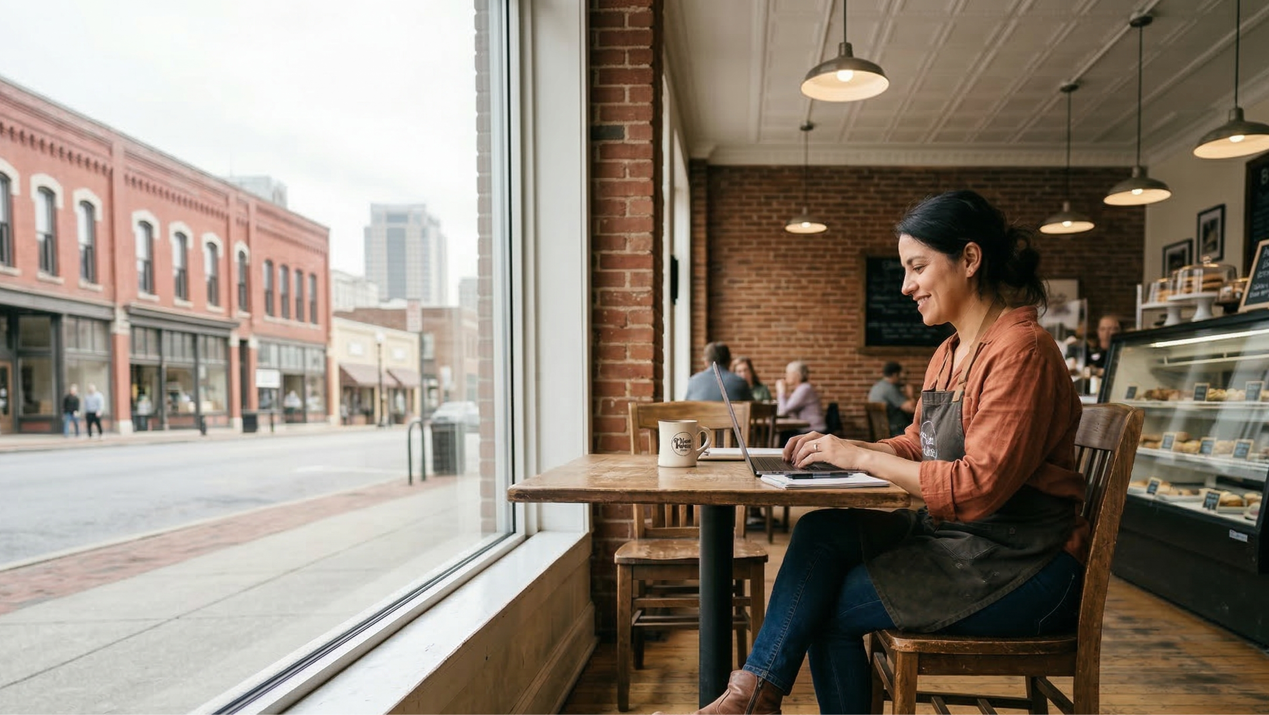 Small business owner working on her laptop inside a Birmingham, Alabama café