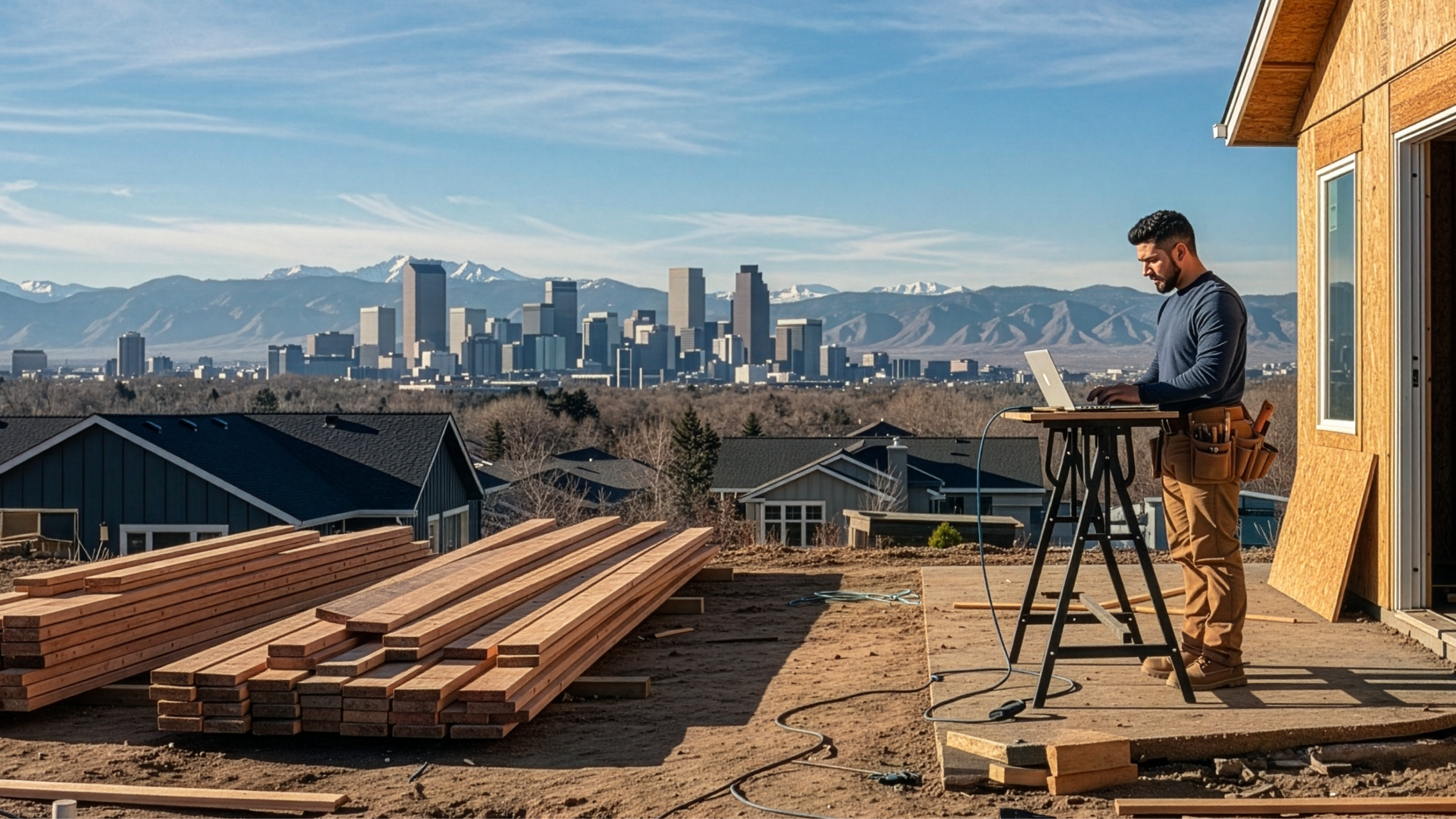 man at a new build site in colorado at a desk working on his LLC