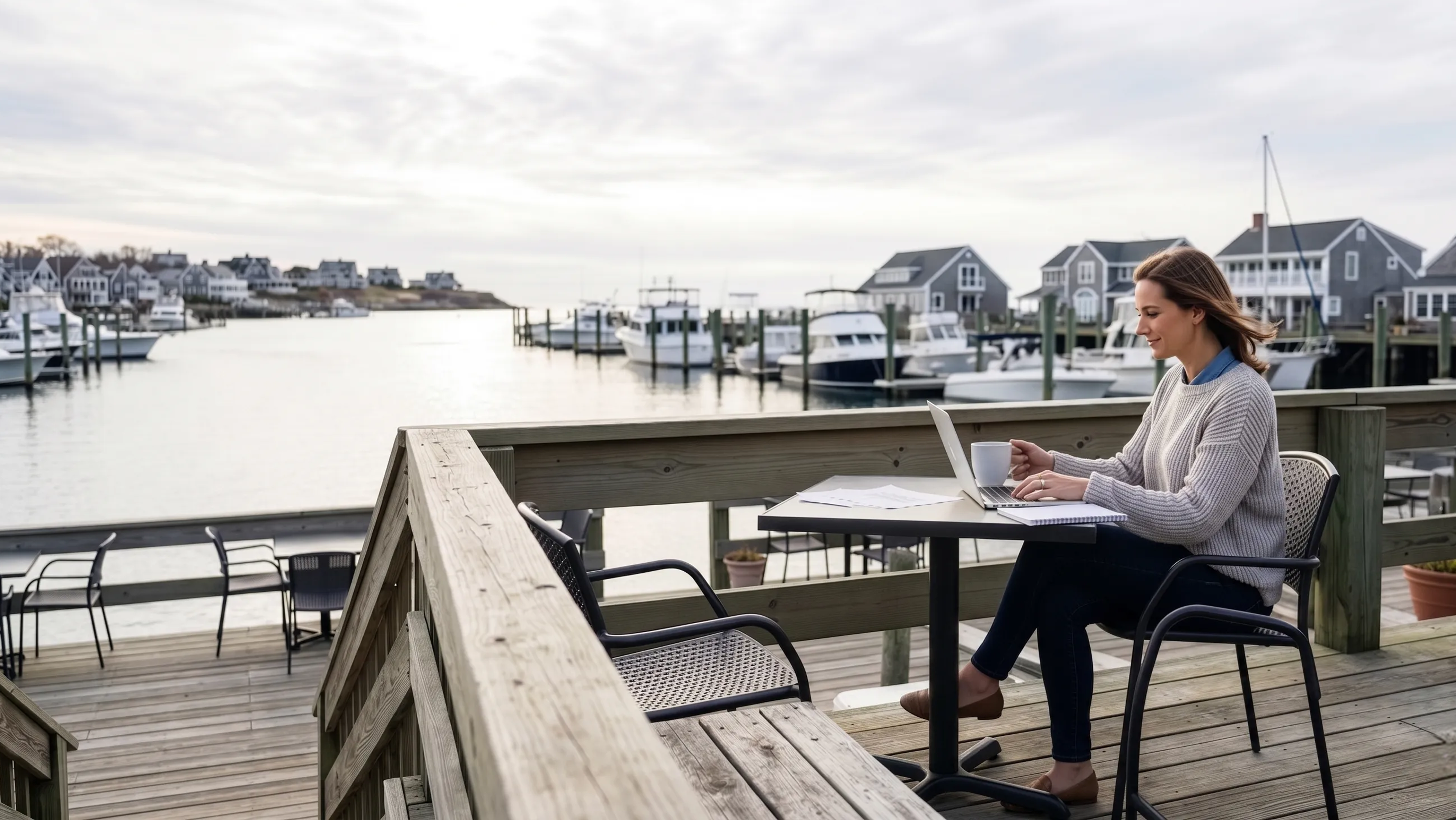Woman starting an LLC in Connecticut, working remotely on the patio by the lake