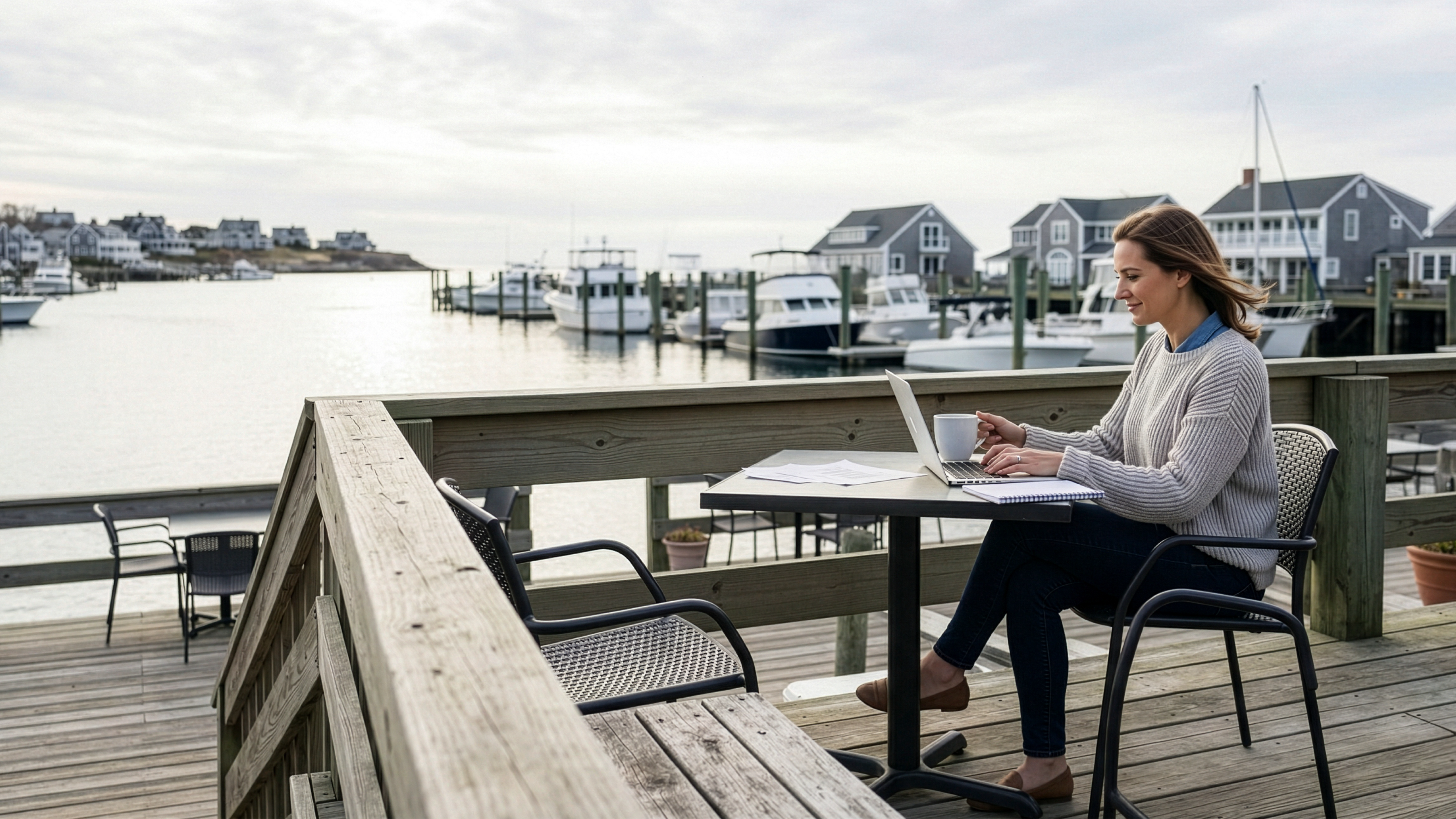 Woman starting an LLC in Connecticut, working remotely on the patio by the lake