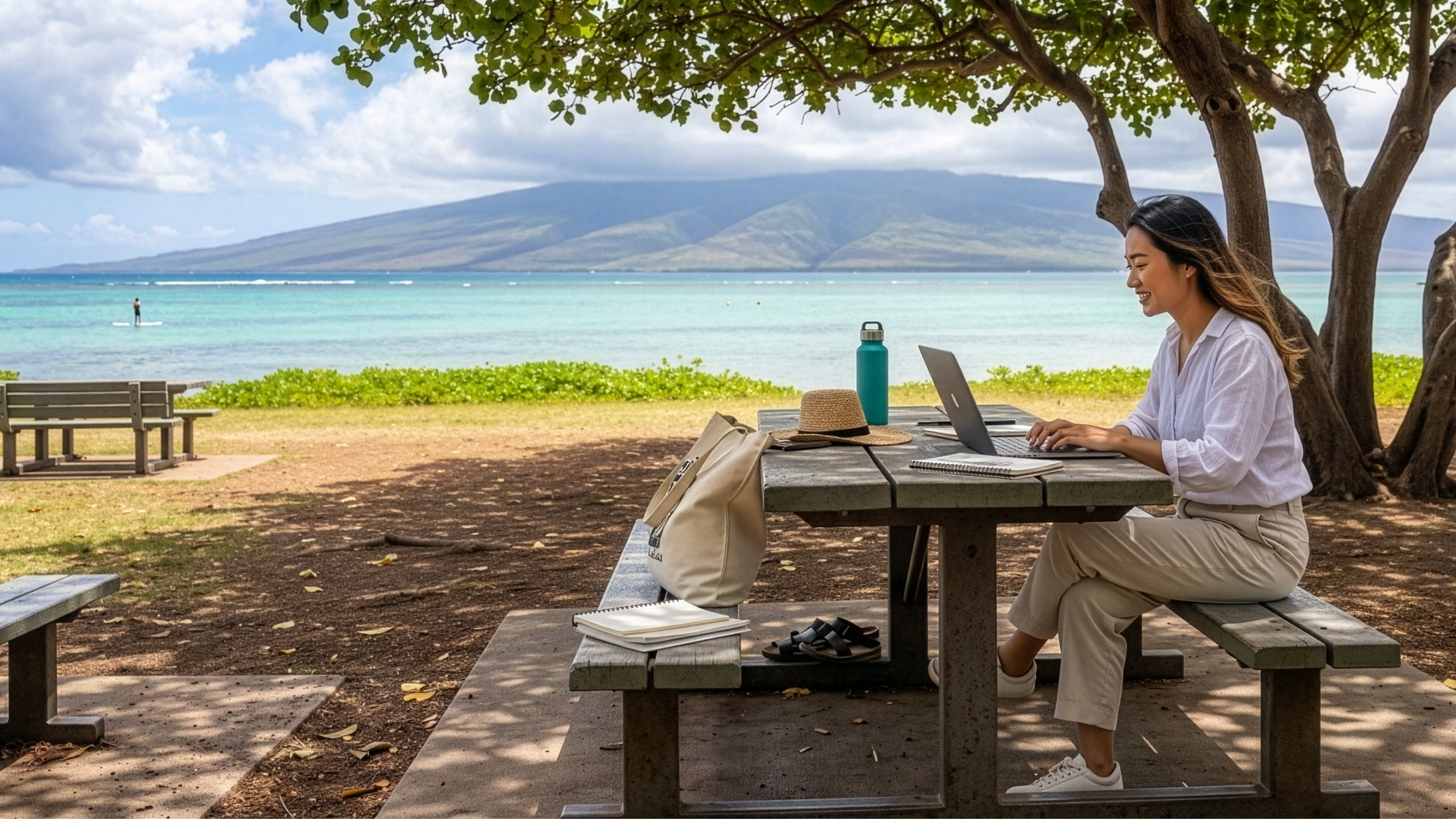 Woman near the ocean in Hawaii setting up her LLC