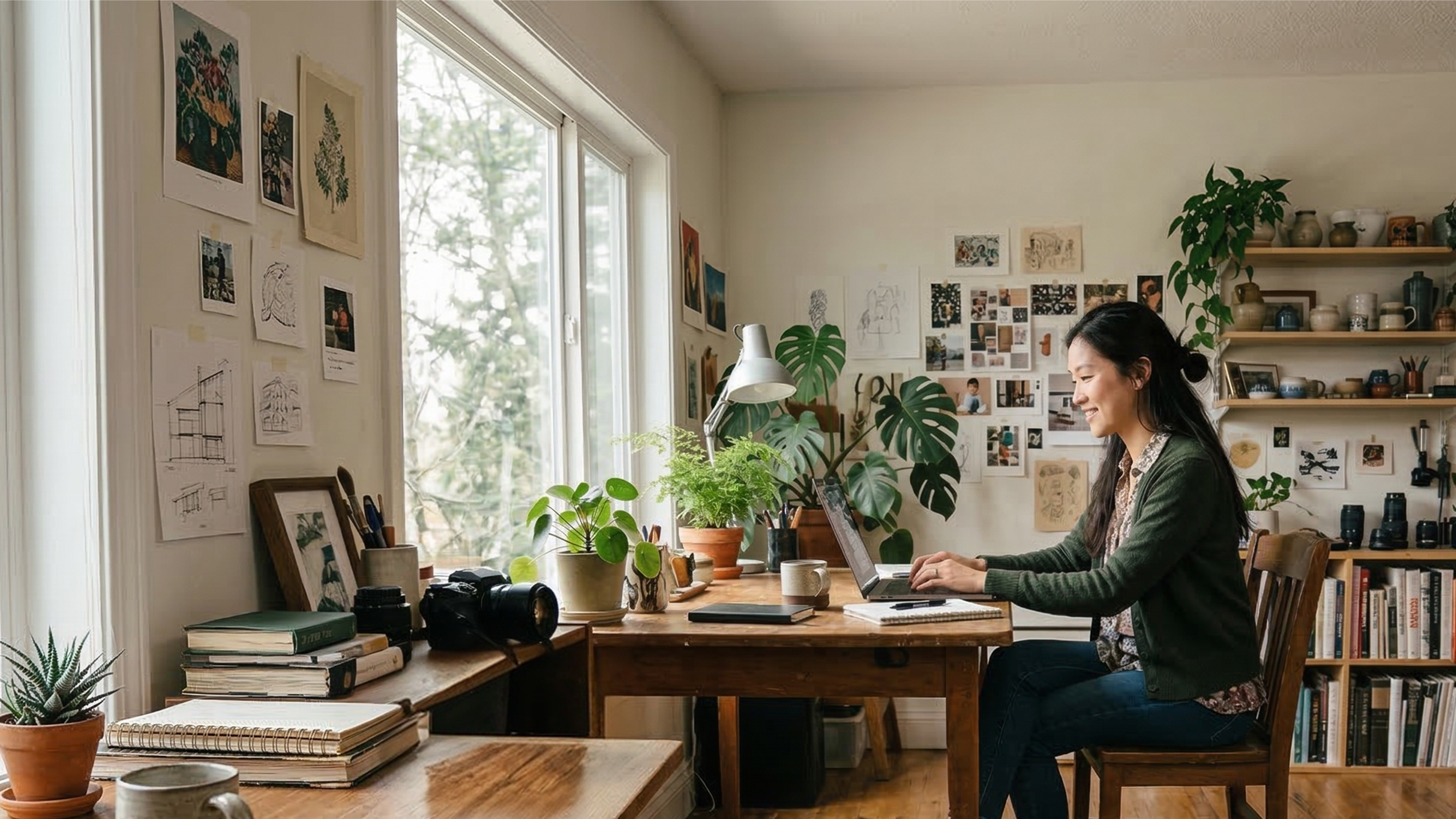 Woman working at a desk in a creative home office researching steps to start an LLC