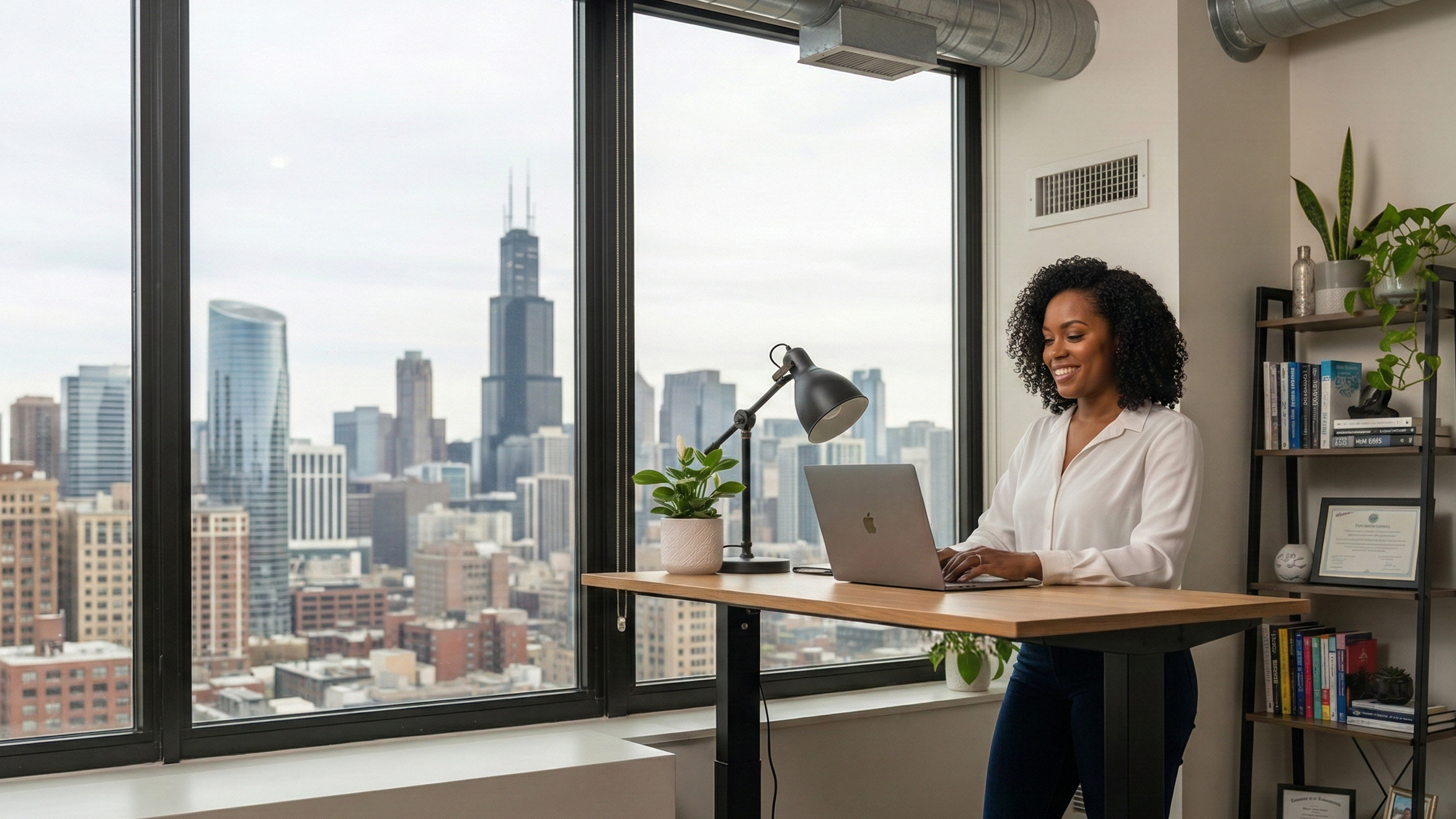 Woman working at standing desk overlooking downtown Chicago
