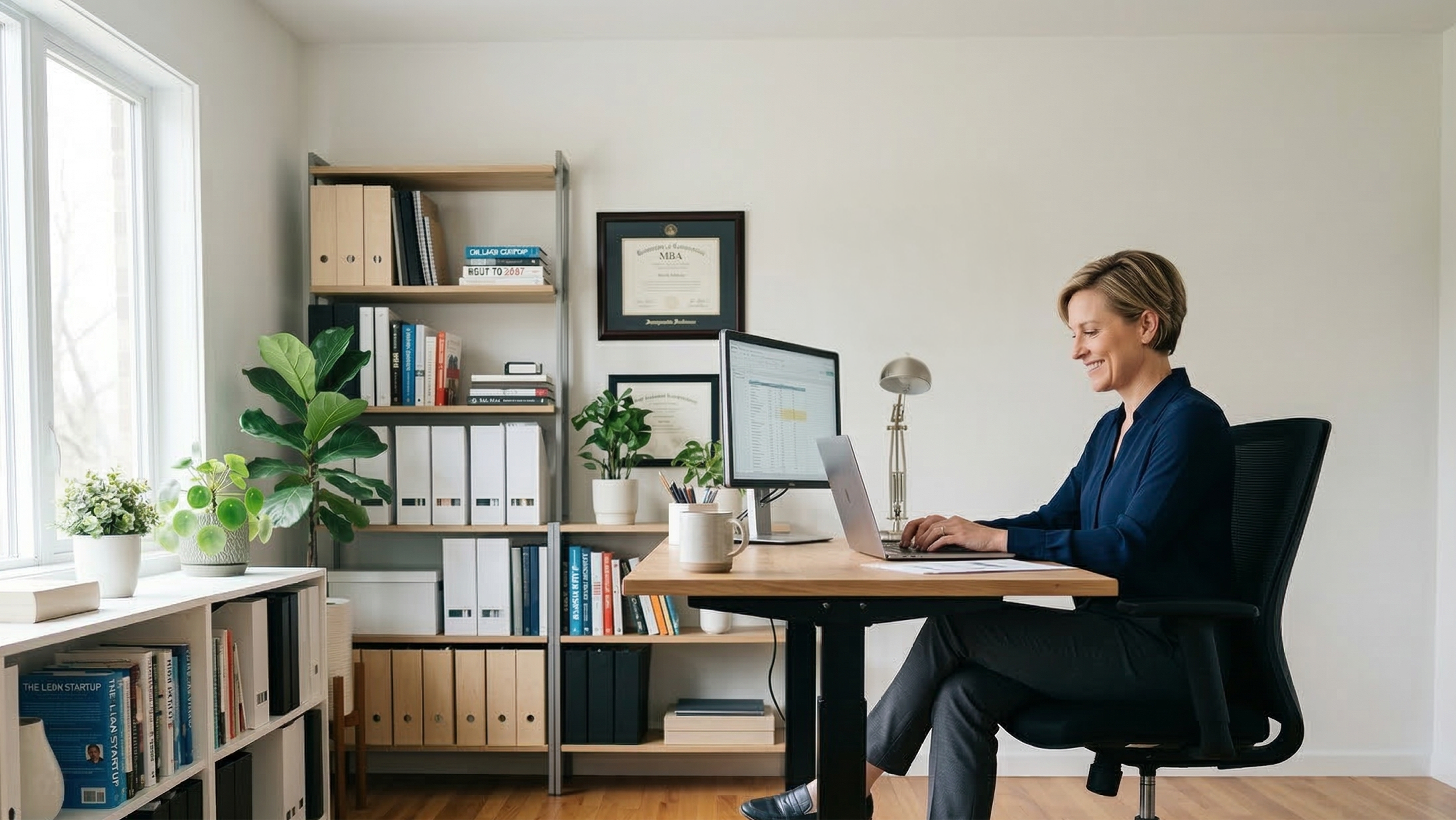 Professional woman working in a home office on her laptop while preparing to incorporate her business