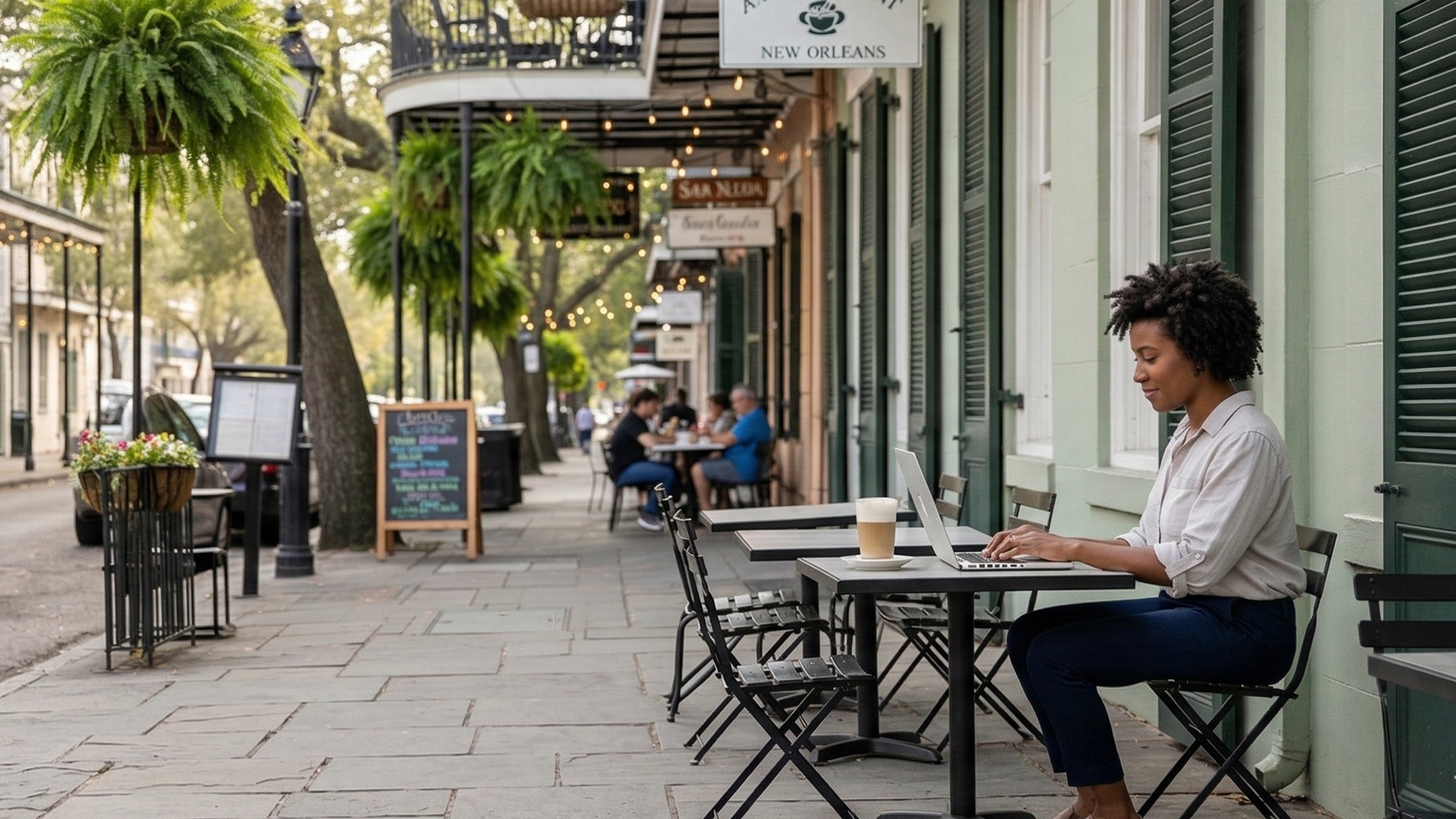 Woman starting an LLC in Louisiana, working remotely at outdoor café in New Orleans