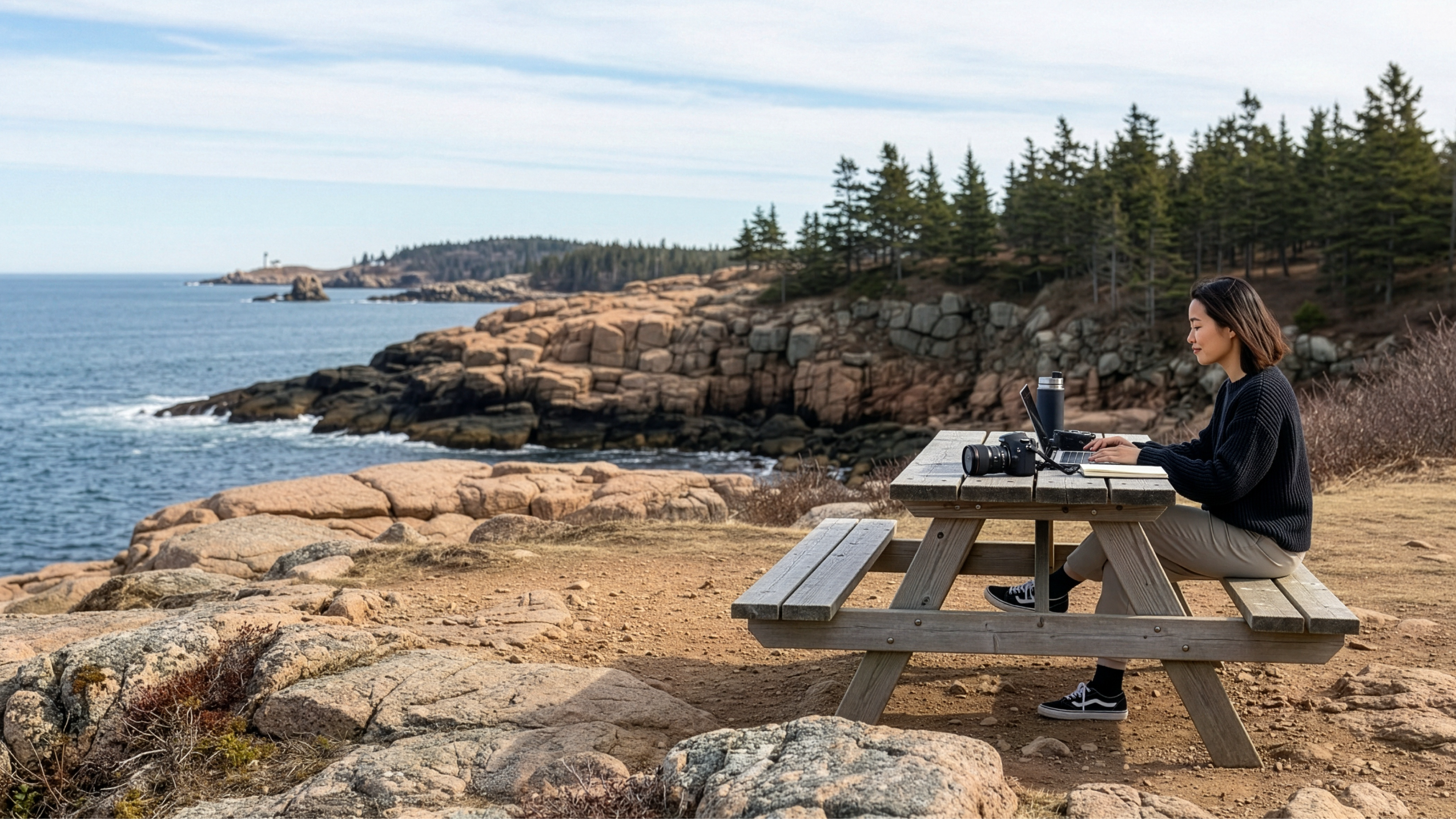 Woman starting an LLC in Maine, working remotely at picnic table with an ocean view