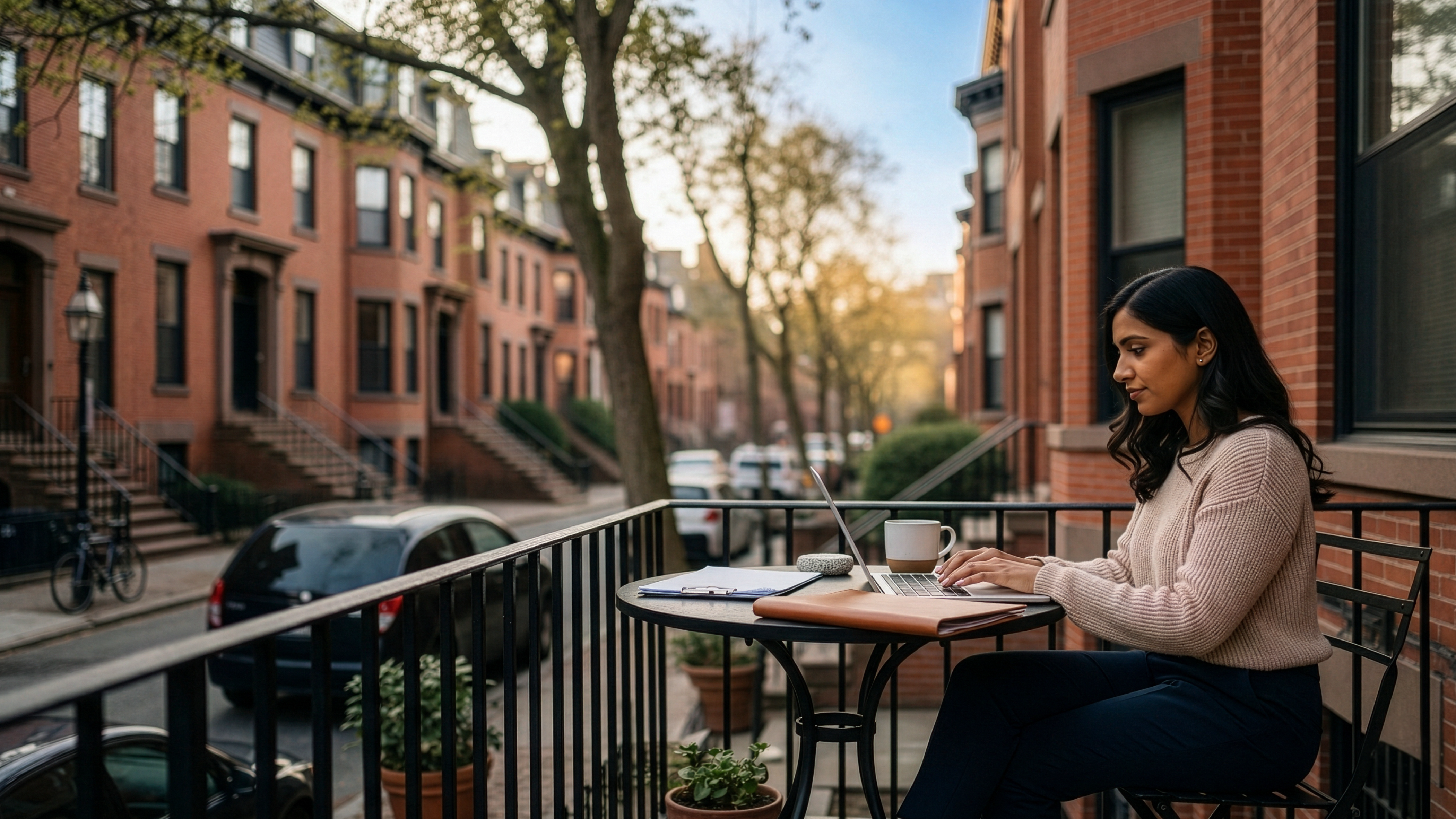 Woman starting an LLC in Massachusetts, working outside her home on the patio
