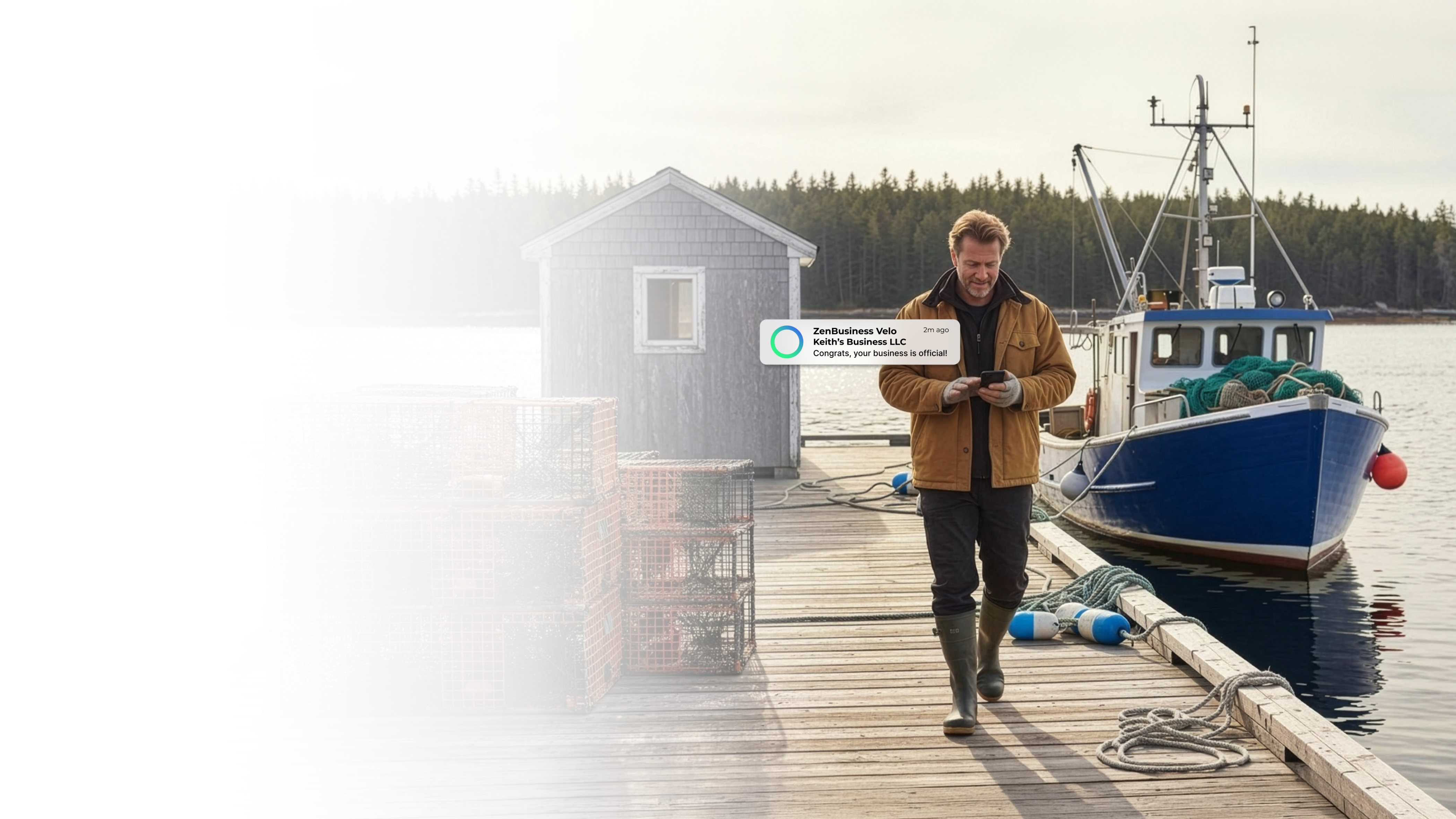 Male fishing business owner on a Maine harbor dock checking his ZenBusiness Velo notification confirming his LLC with lobster traps stacked nearby and a fishing boat in the background
