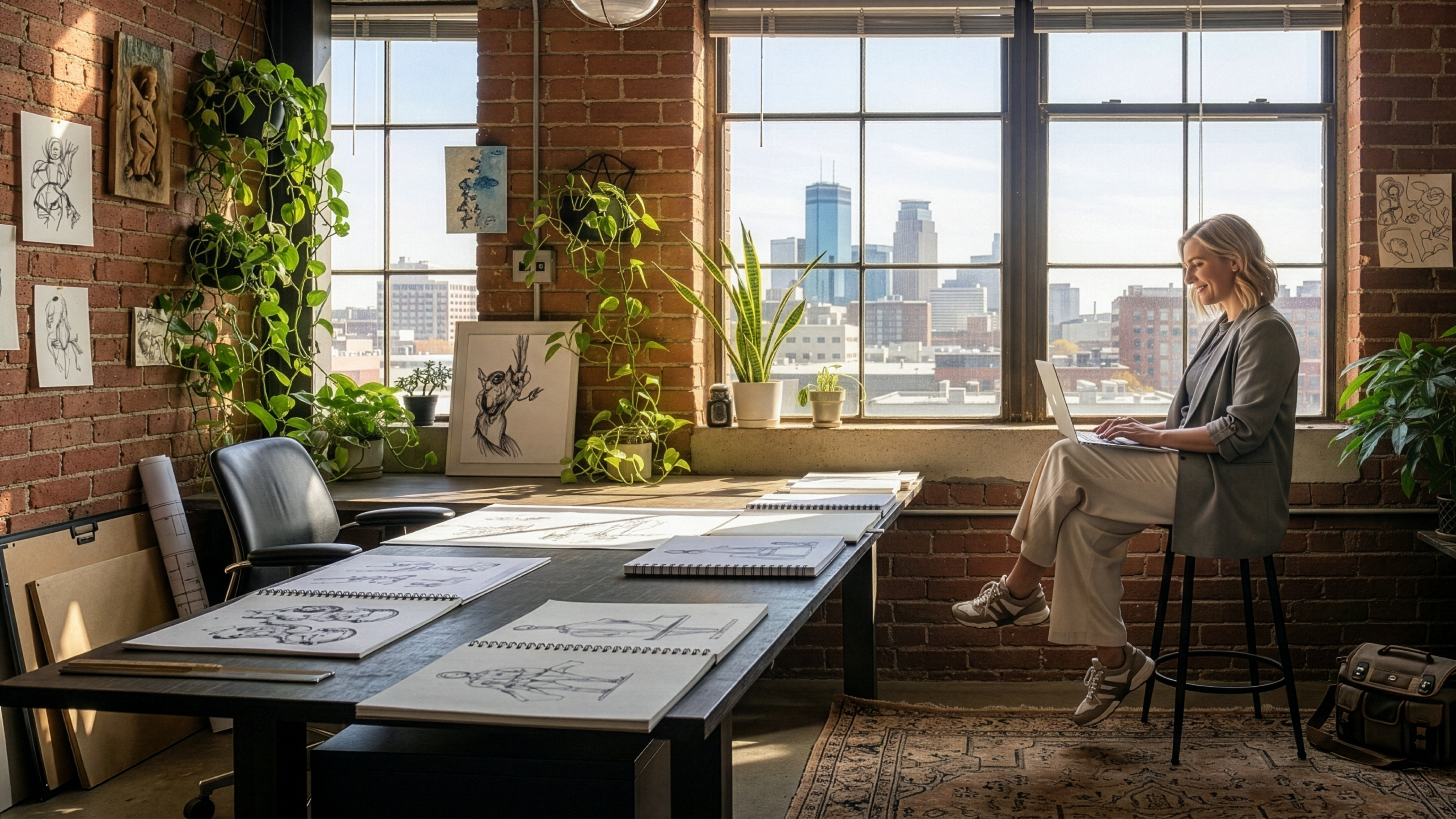 female entrepreneur at a table in Minnesota on laptop forming an llc