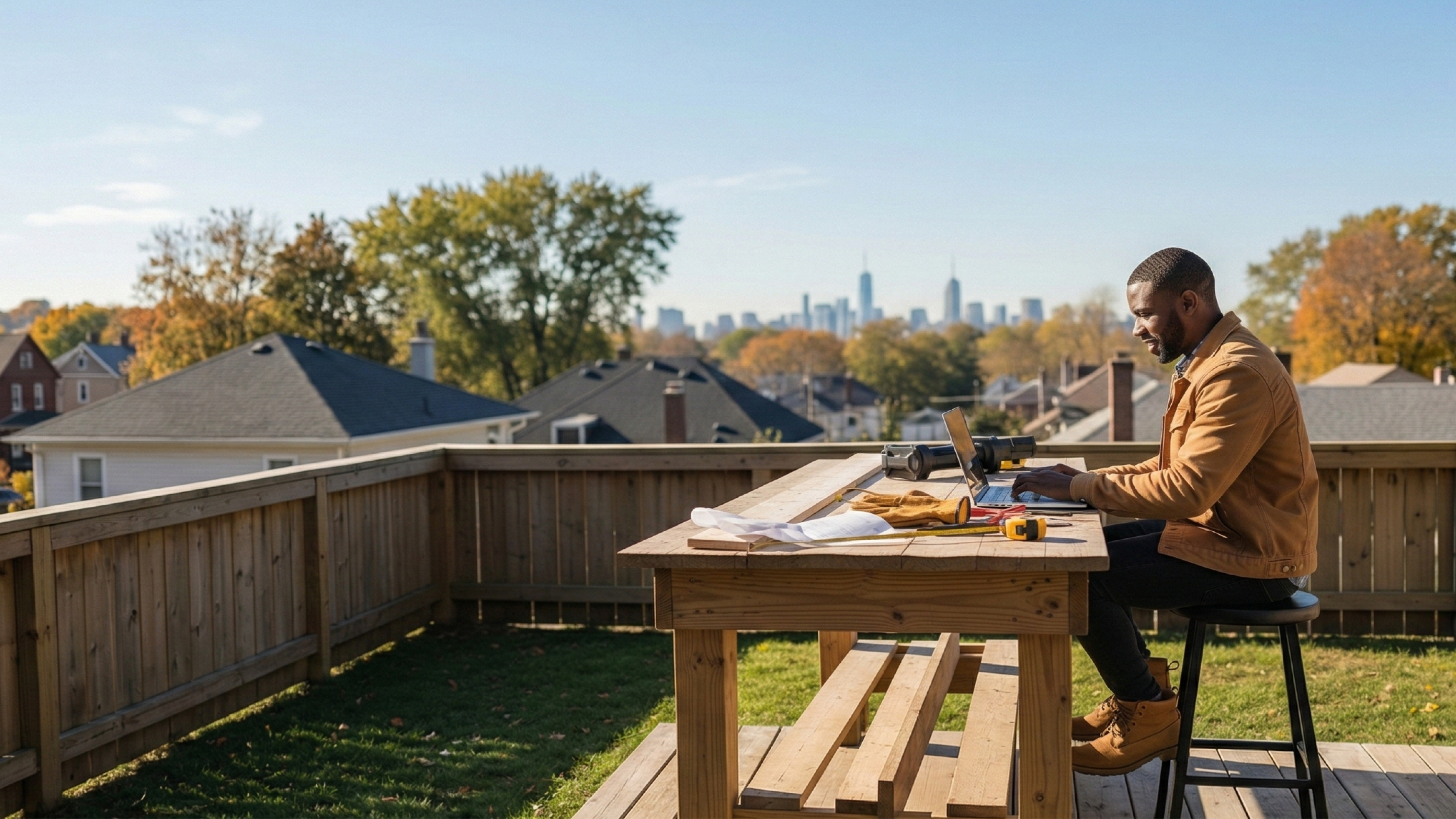 male entrepreneur at a picnic table in New Jersey on laptop forming an llc
