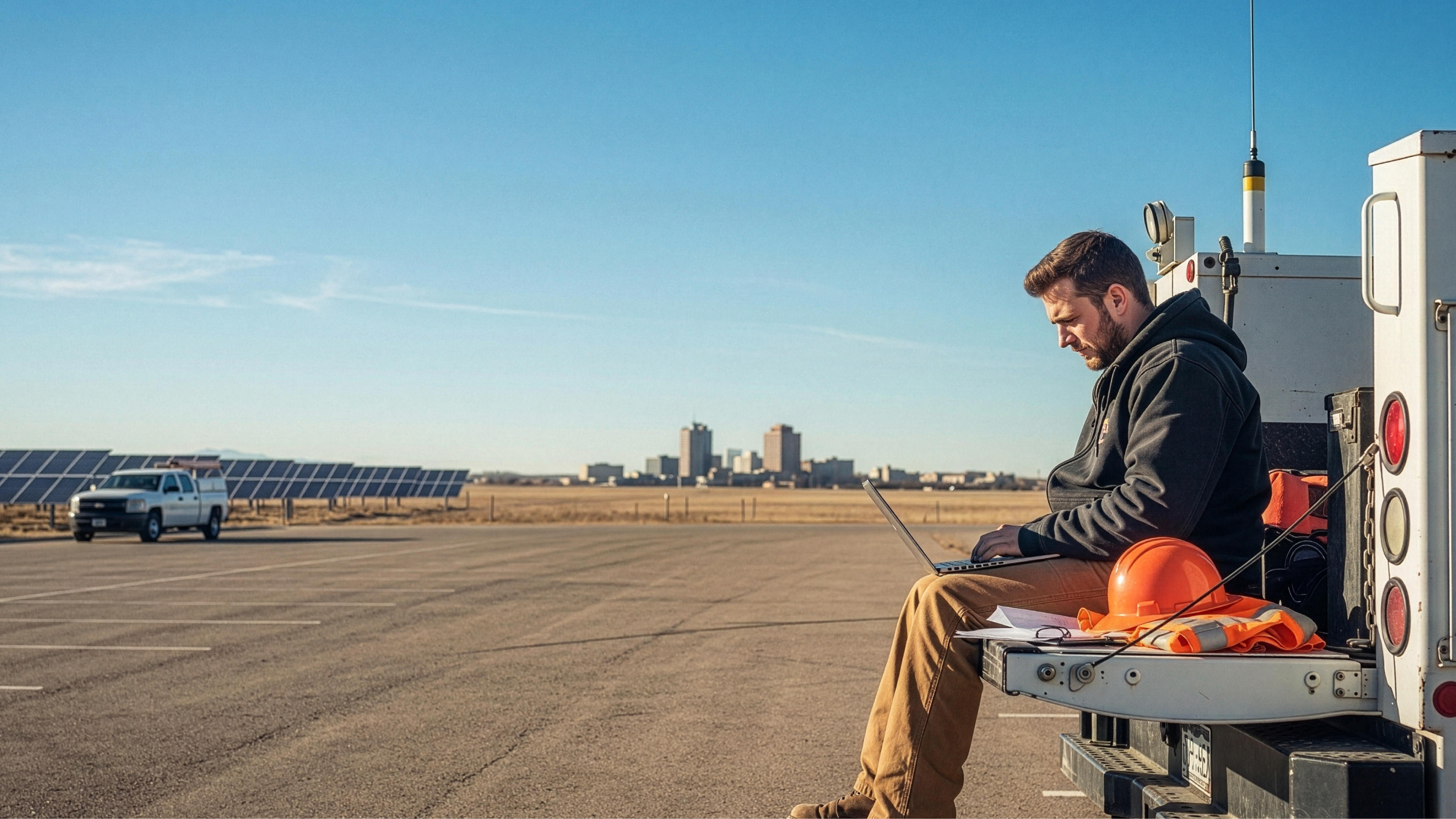 Man in North Dakota on the back of a work truck searching how to start an LLC