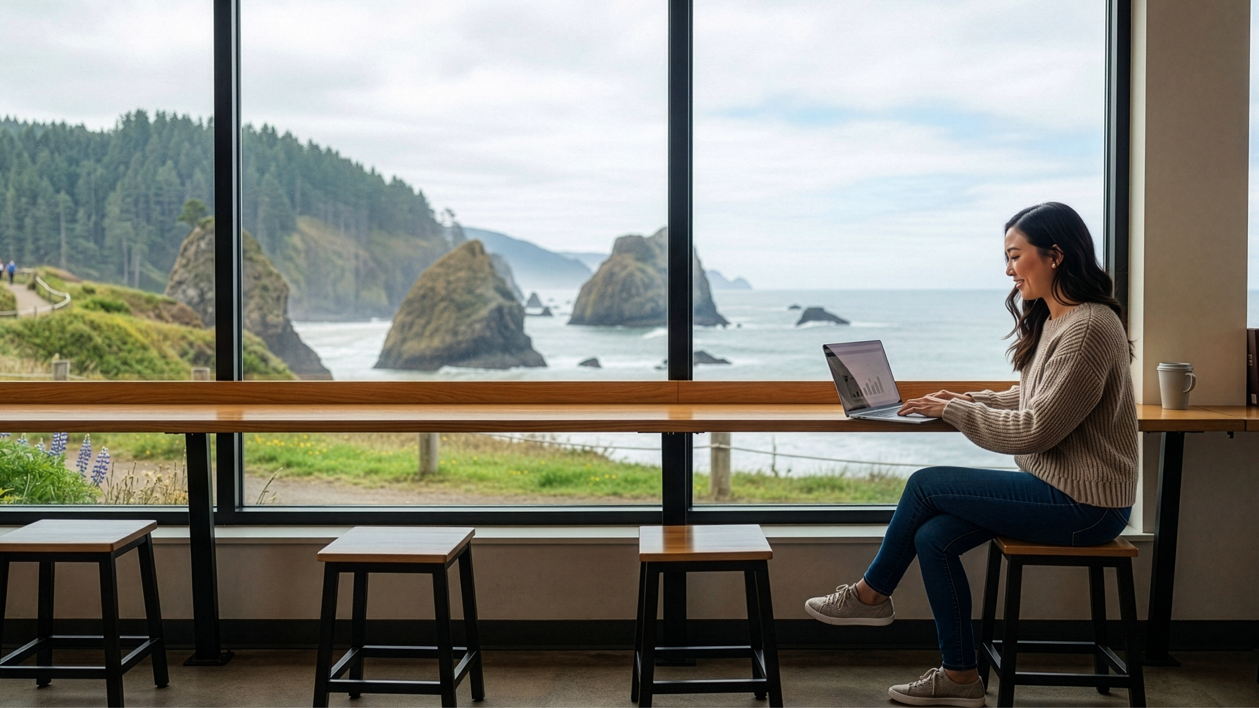 Woman starting an LLC in Oregon, working remotely with a beautiful ocean view