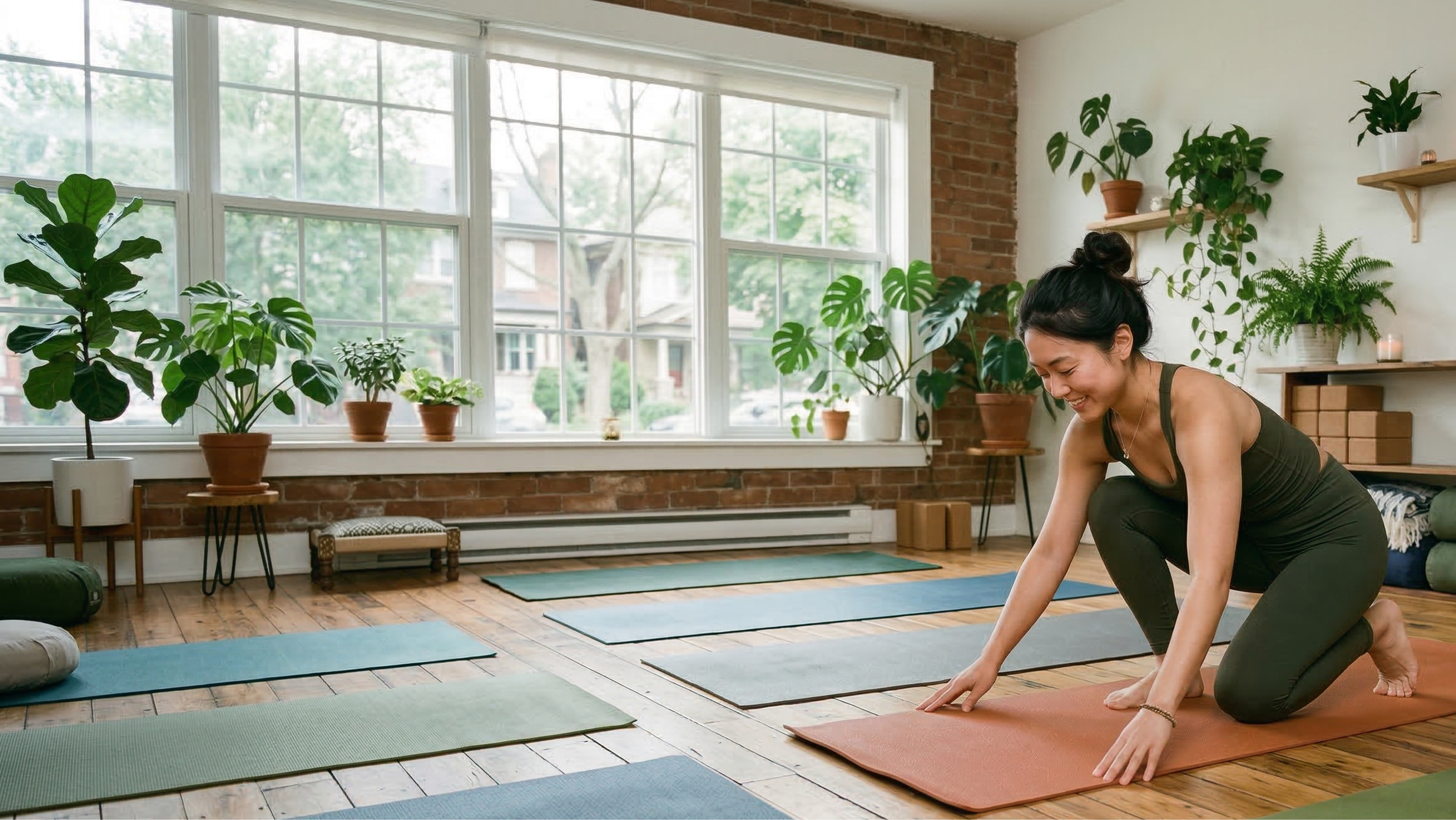 Wellness entrepreneur arranging yoga mats in a bright studio as she begins starting a business