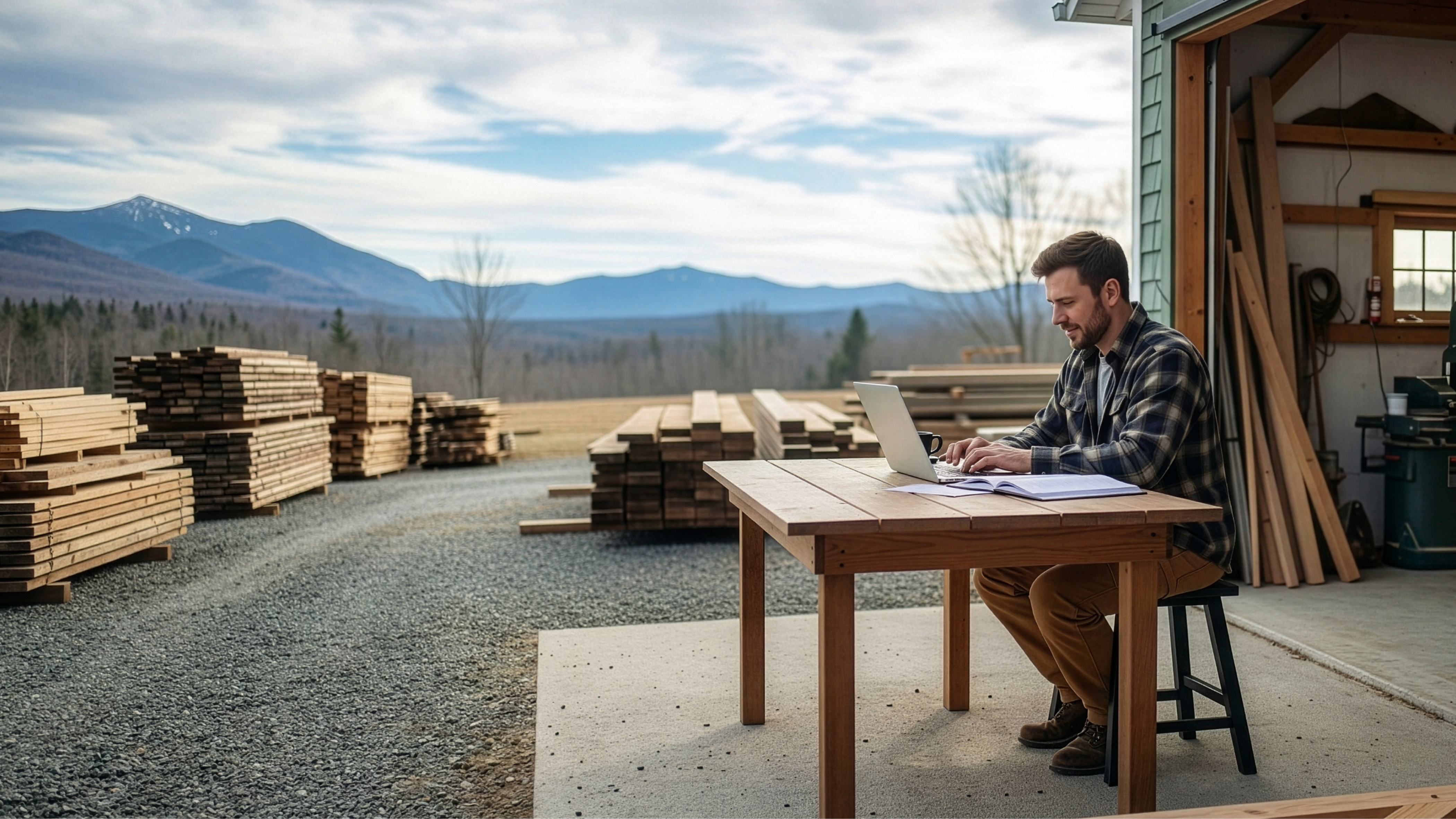 Businessman working on his LLC outside his shop with a beautiful view of mountain ranges in Vermont