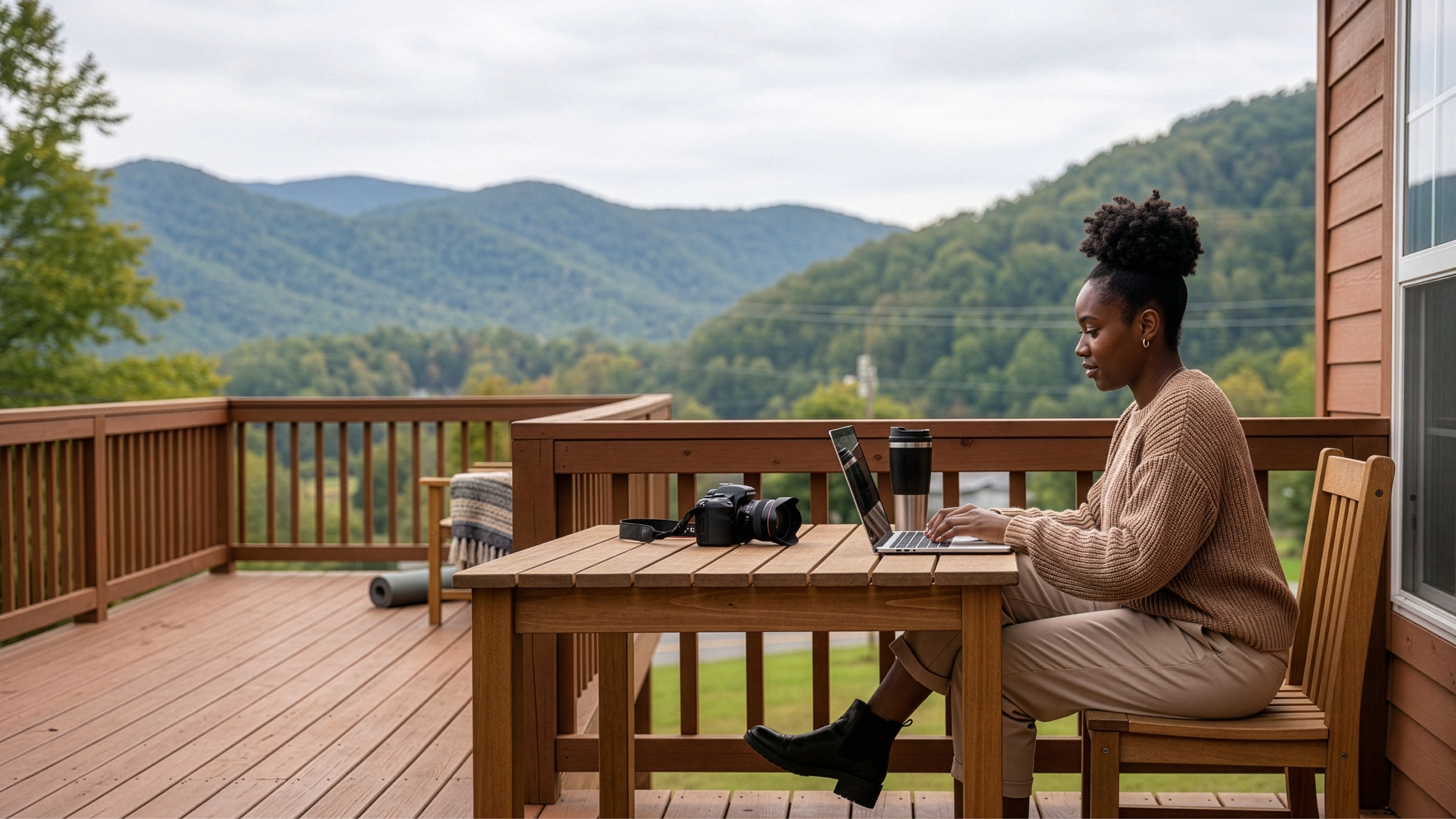 Business woman working outside on her West Virginia with a beautiful mountain range view