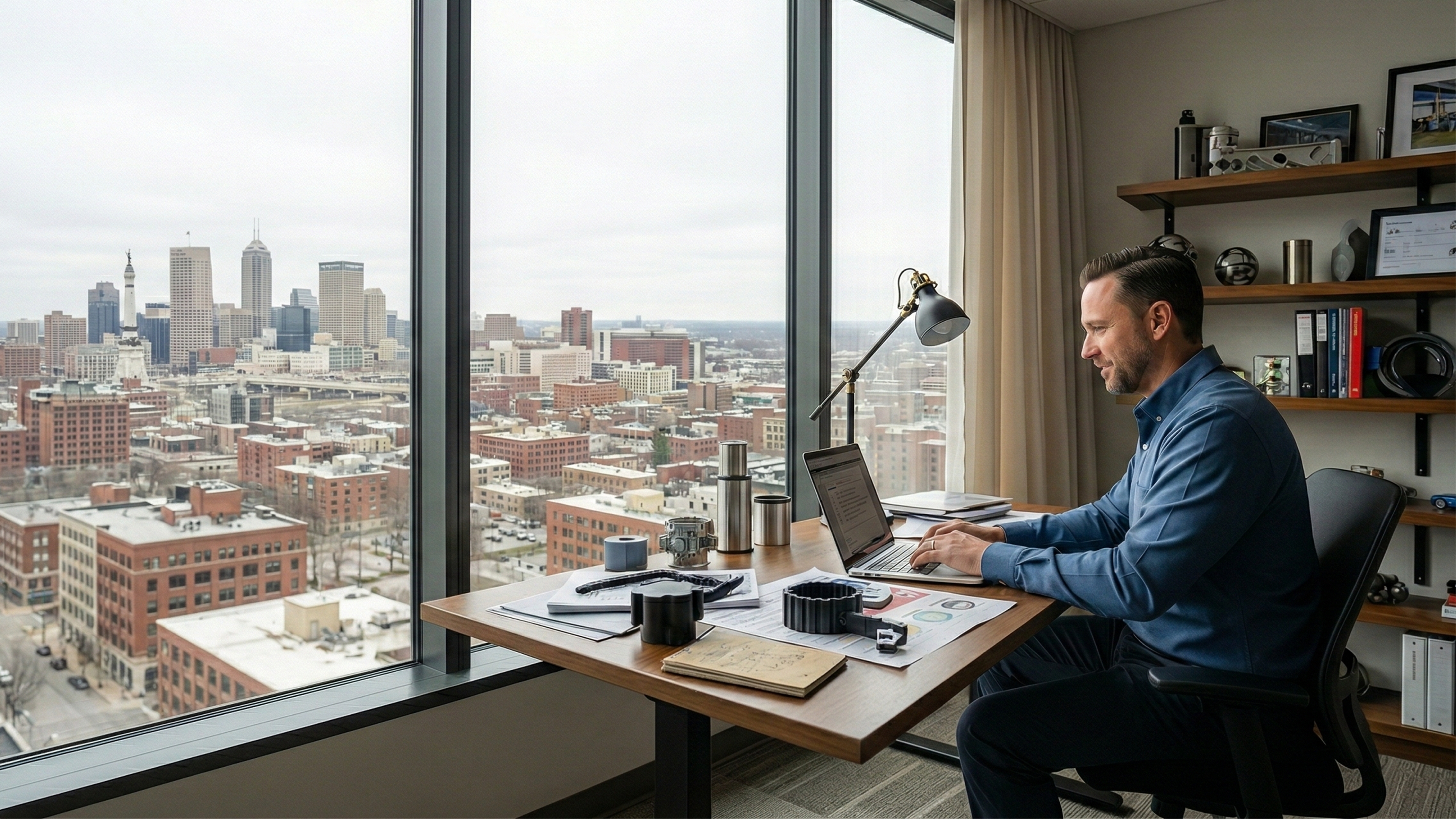 Tradesman working at a desk overlooking downtown Indianapolis