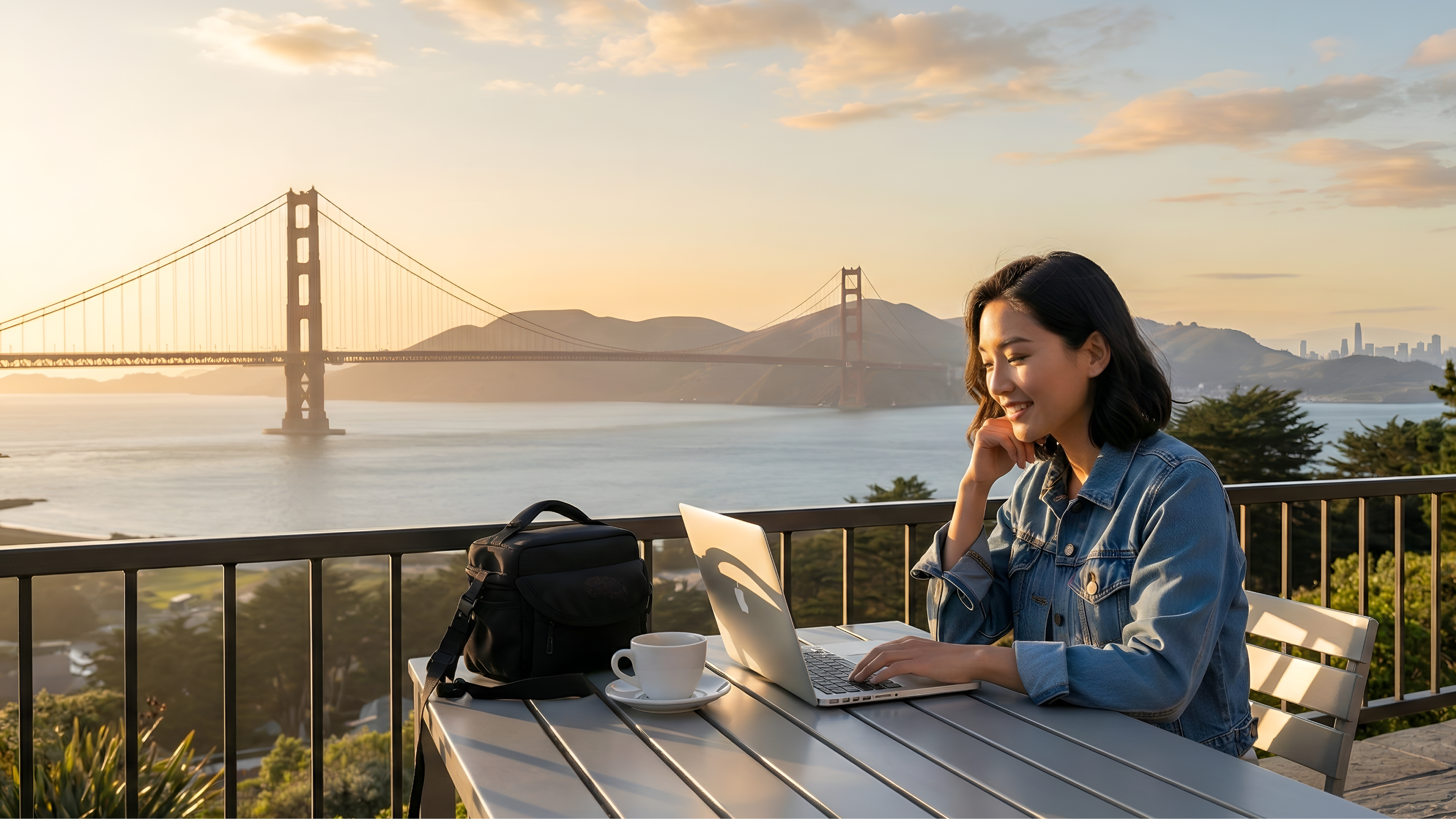 Woman starting an LLC in California, working remotely at outdoor café with Golden Gate Bridge view