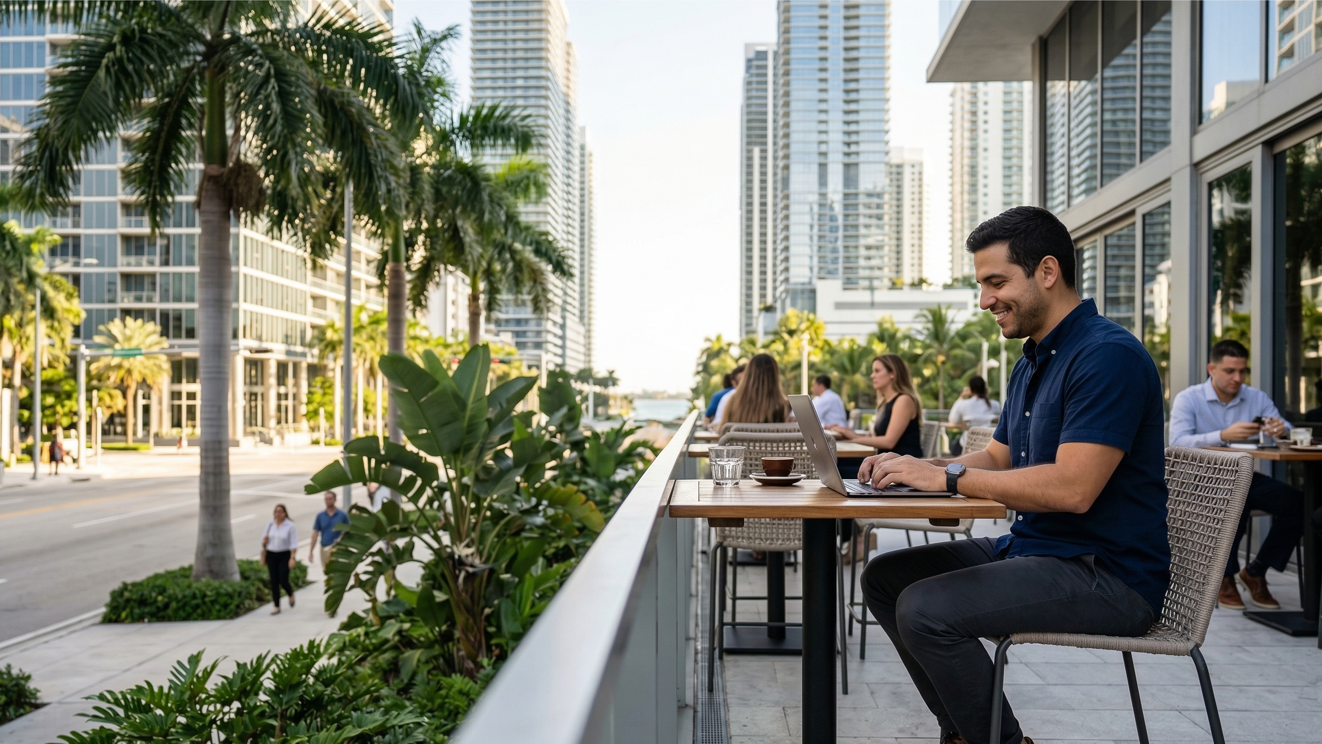 Male entrepreneur working on his laptop at an outdoor café terrace in Brickell, Miami, Florida, with gleaming modern glass towers, royal palm trees, and a glimpse of Biscayne Bay visible in the background