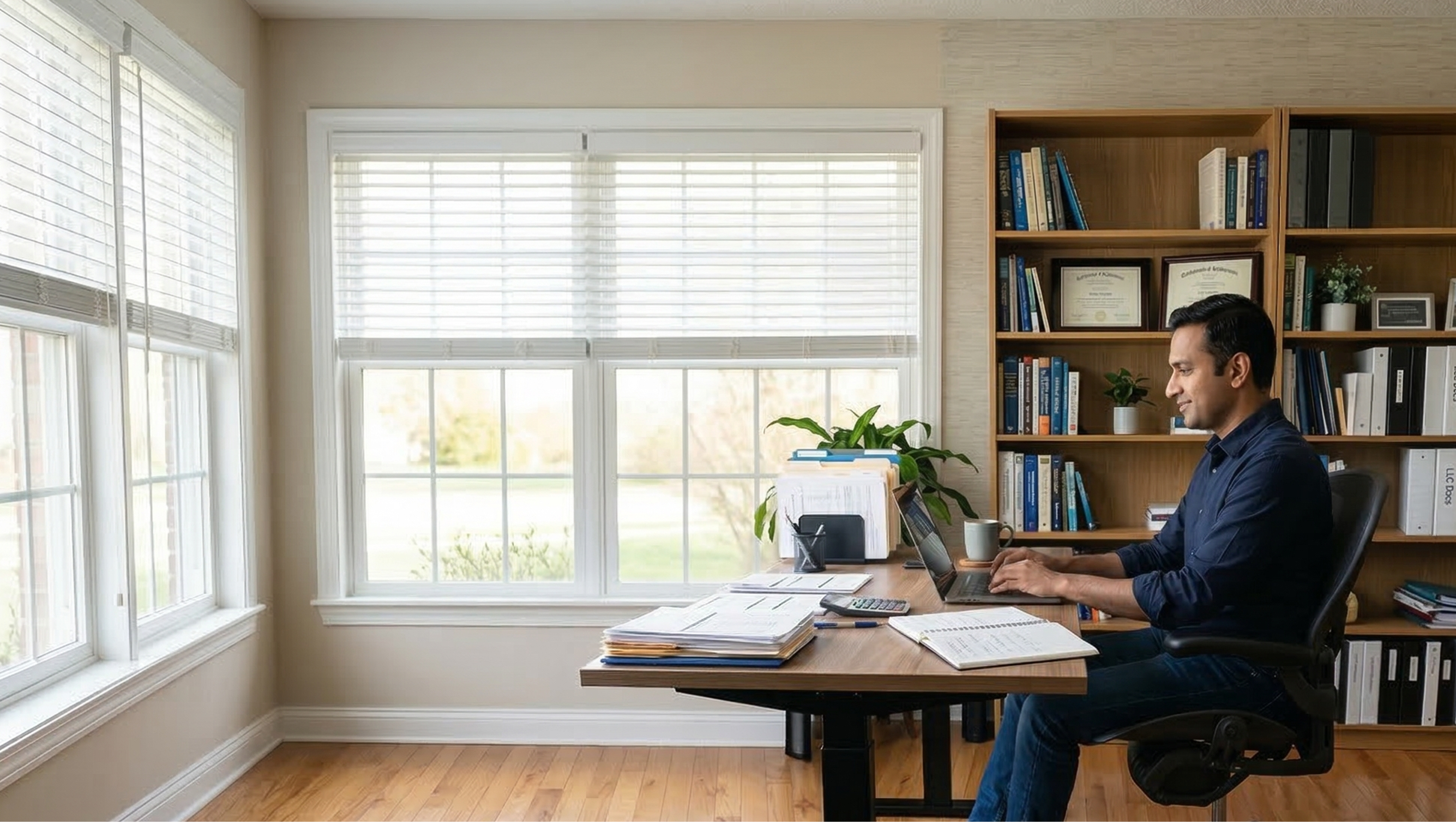 Consultant working in a home office on his laptop while reviewing documents related to s-corp status