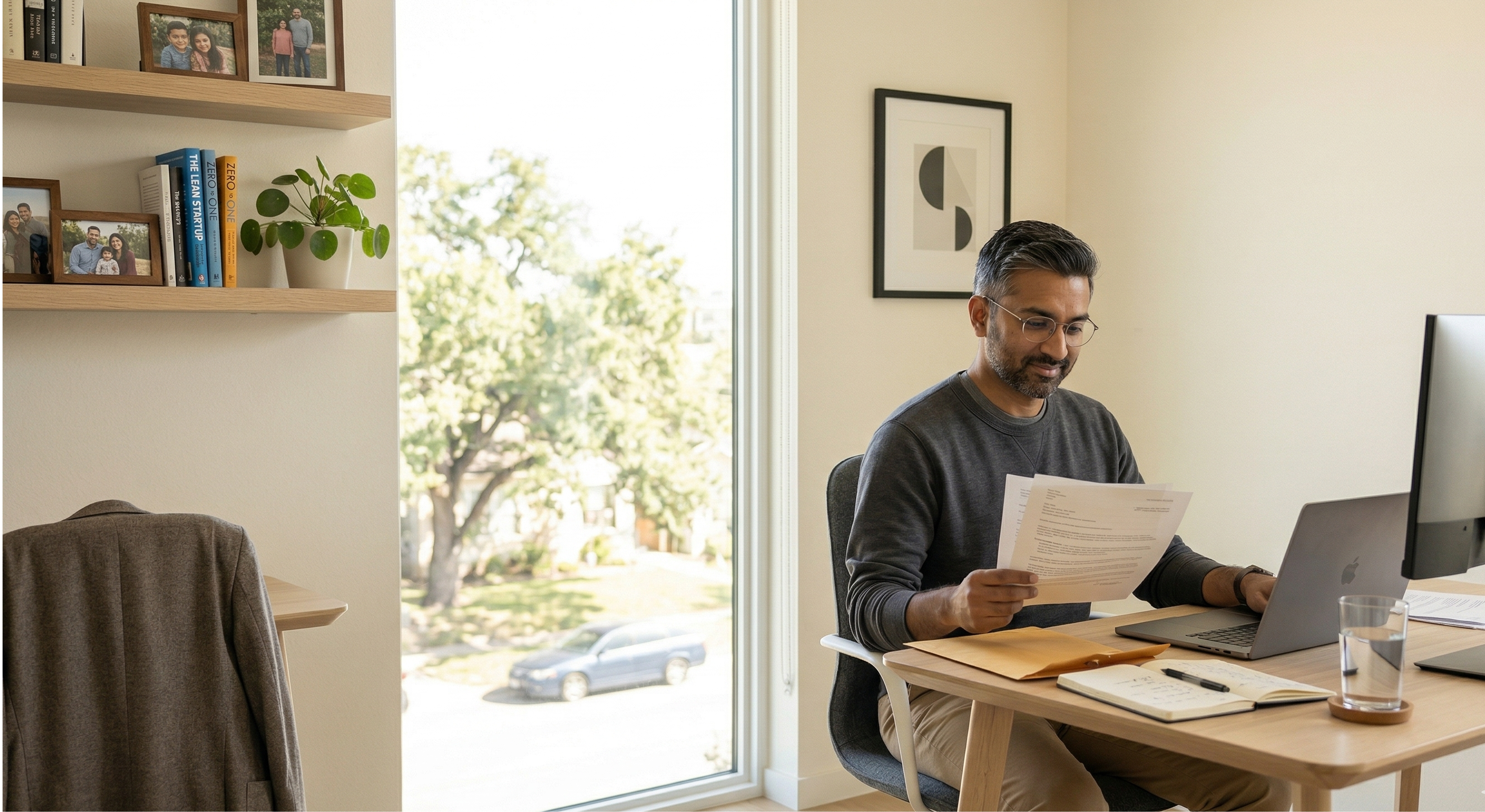 Small business owner reviewing documents from his registered agent service provider at a bright home office desk with laptop and notebook, natural daylight from window