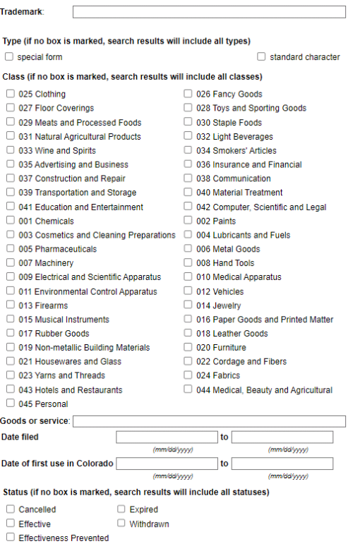 Colorado's trademark search tool