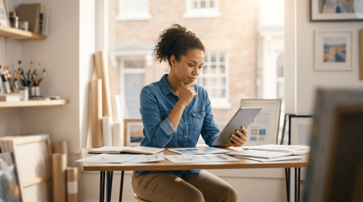 Business owner reviewing Tailor Brands LLC service