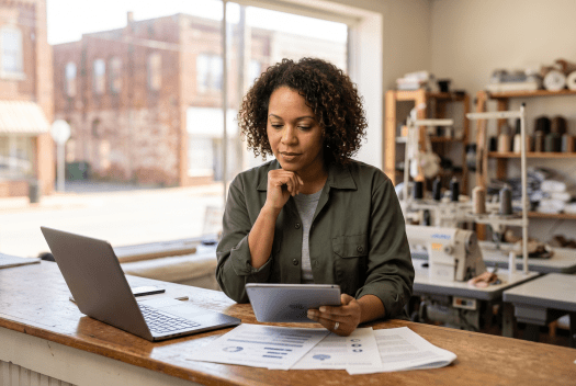 Business owner reviewing ZenBusiness business license service