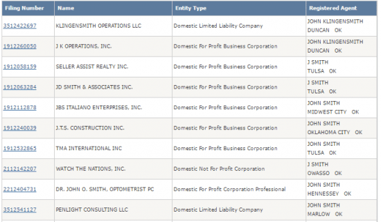 Oklahoma Secretary of State business entity search by registered agent or name of person results.