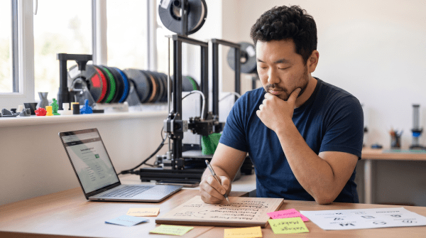 3D printing service owner reviewing LLC name ideas for a manufacturing business