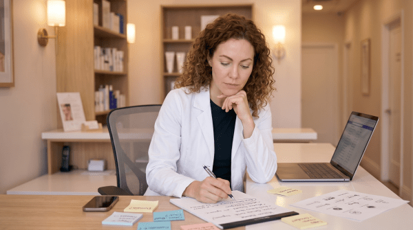 Acne clinic owner brainstorming business name ideas