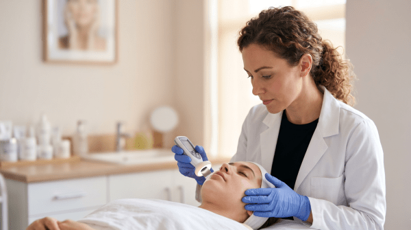 Acne clinic esthetician performing a skin treatment on a client