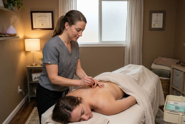 Licensed acupuncturist business owner performing an acupuncture treatment on a relaxed client
