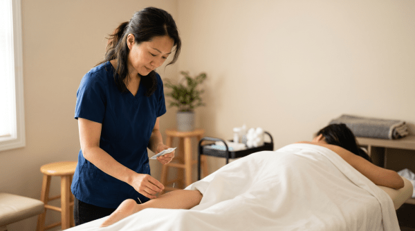 Licensed acupuncturist business owner performing an acupuncture treatment on a relaxed client