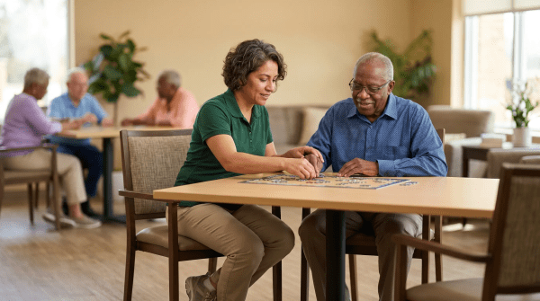 Adult day care business owner providing compassionate care and companionship to an adult client