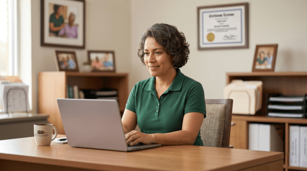 Adult day care owner registering a care business as an LLC on computer